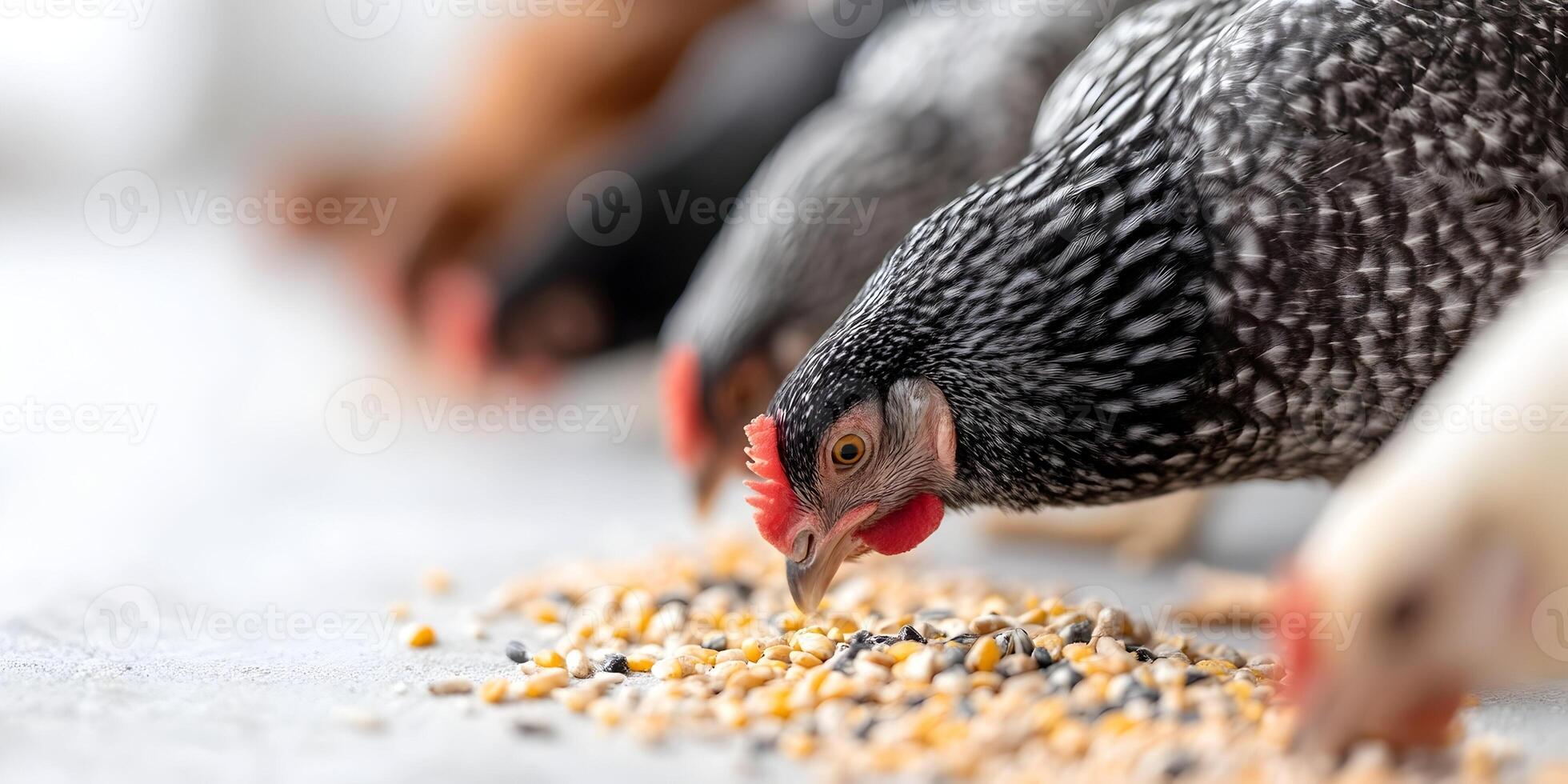 Closeup Grey Chicken Eating Mixed Grain Feed Poultry Farm Animals photo