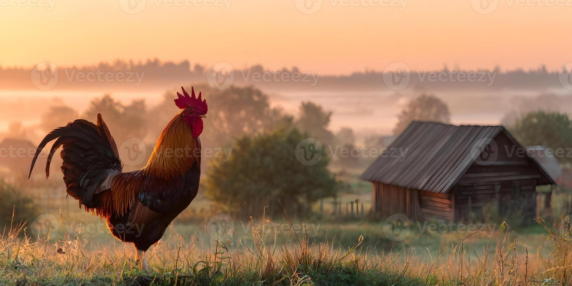 Rooster at Sunrise Farm Scene Rural Landscape Dawn photo