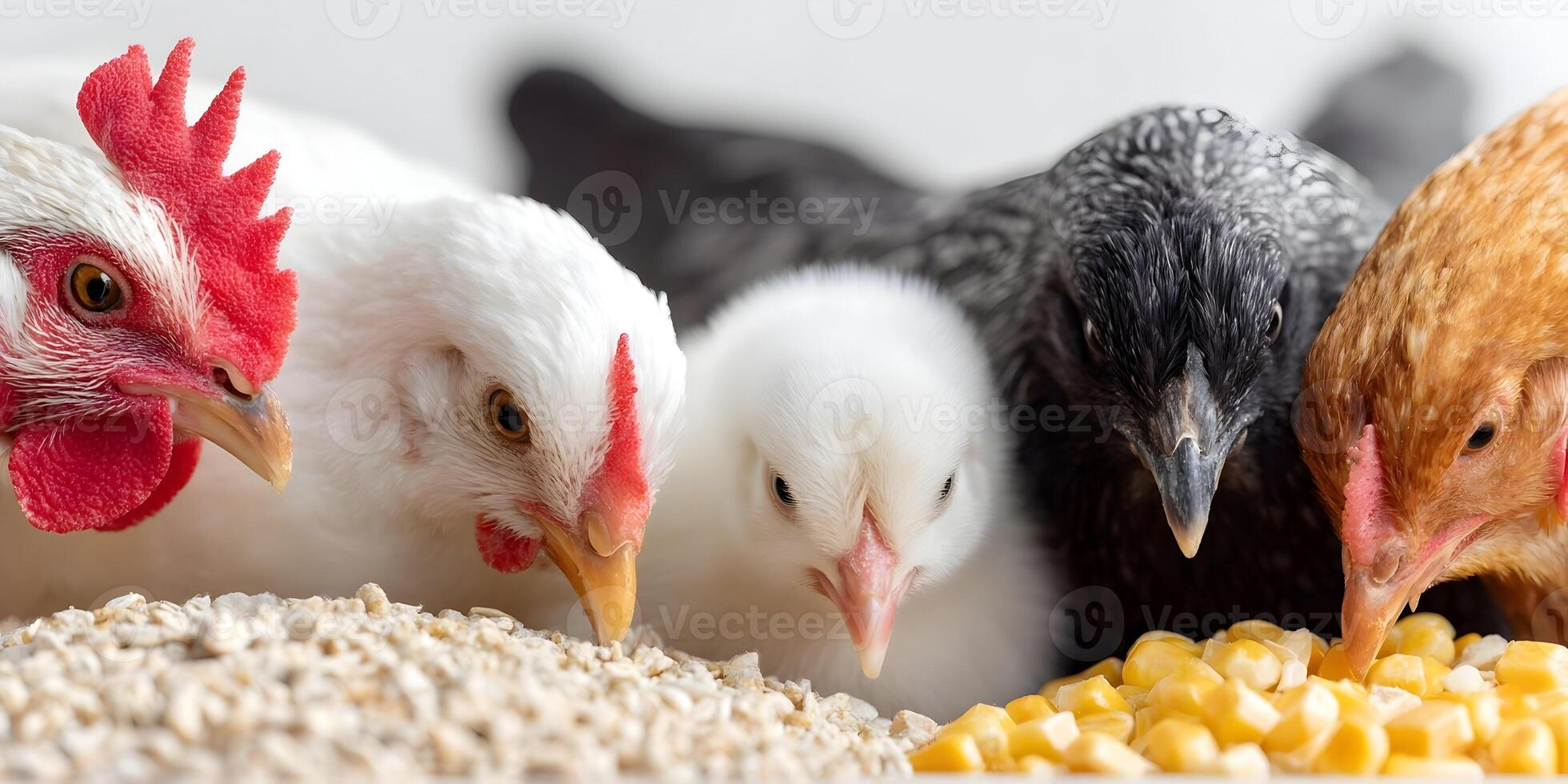 Closeup of Chickens Eating Corn and Feed photo