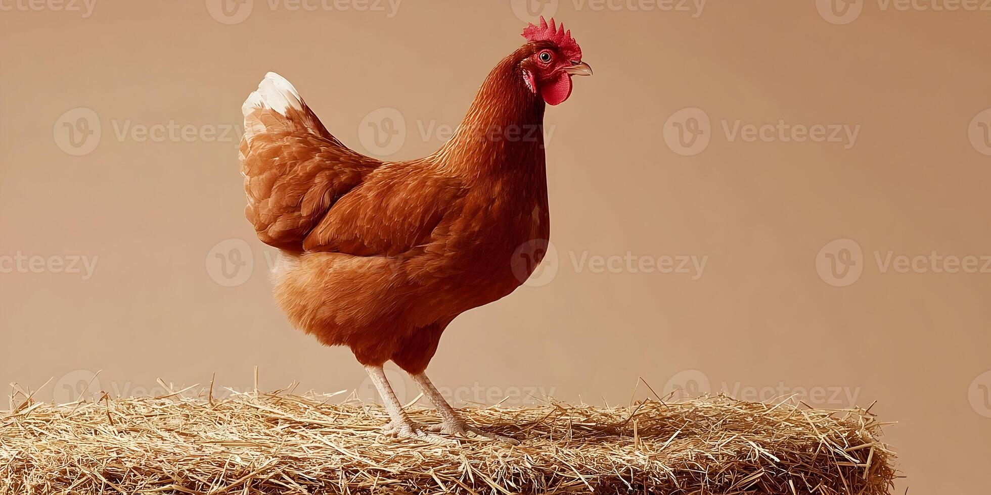 Brown Hen Standing on Hay Bale Farm Animal Photography photo
