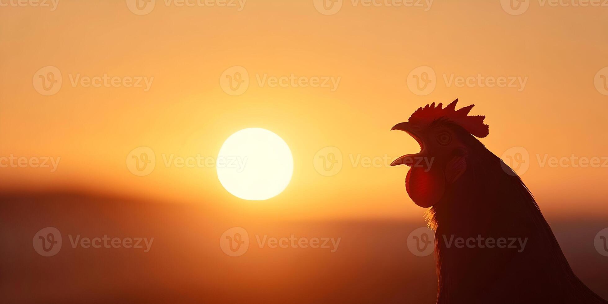 Rooster Crowing at Sunrise Golden Hour Silhouette Farm Animal photo