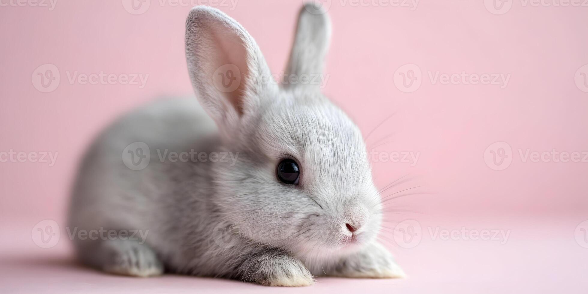 Cute Baby Gray Rabbit on Pink Background Adorable Bunny Animal Pet photo