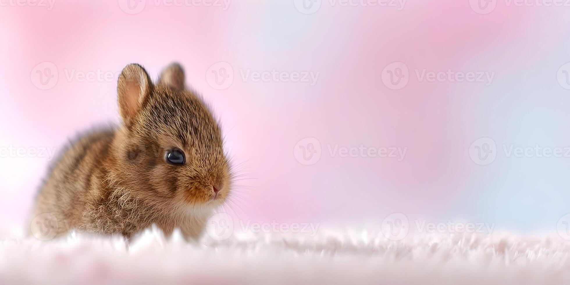 Adorable Baby Bunny Rabbit on Soft Pink Fur Background photo