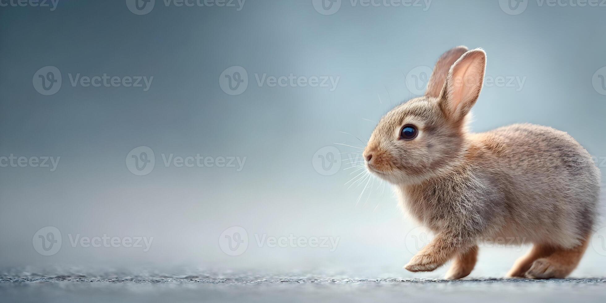 Cute Baby Brown Rabbit Hopping on Grey Ground Outdoors photo