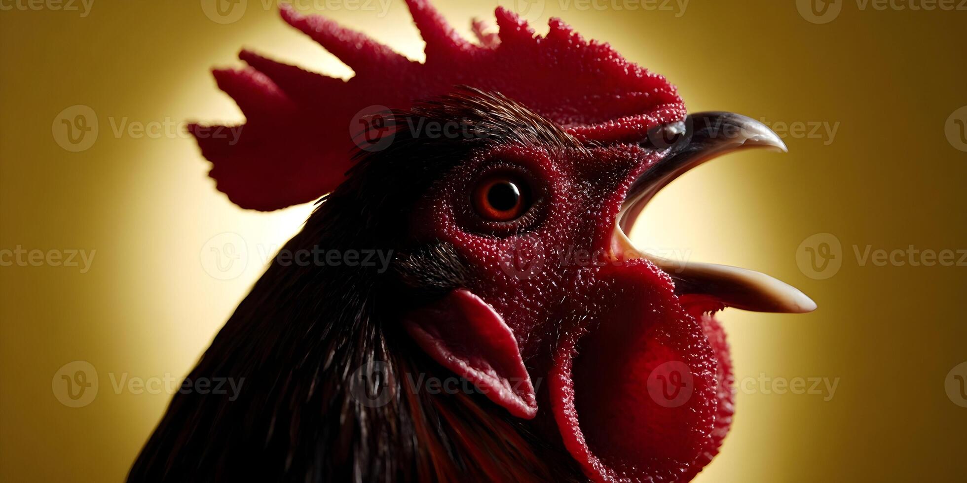 Closeup Rooster Head Profile Crowing Red Comb Dark Feathers photo