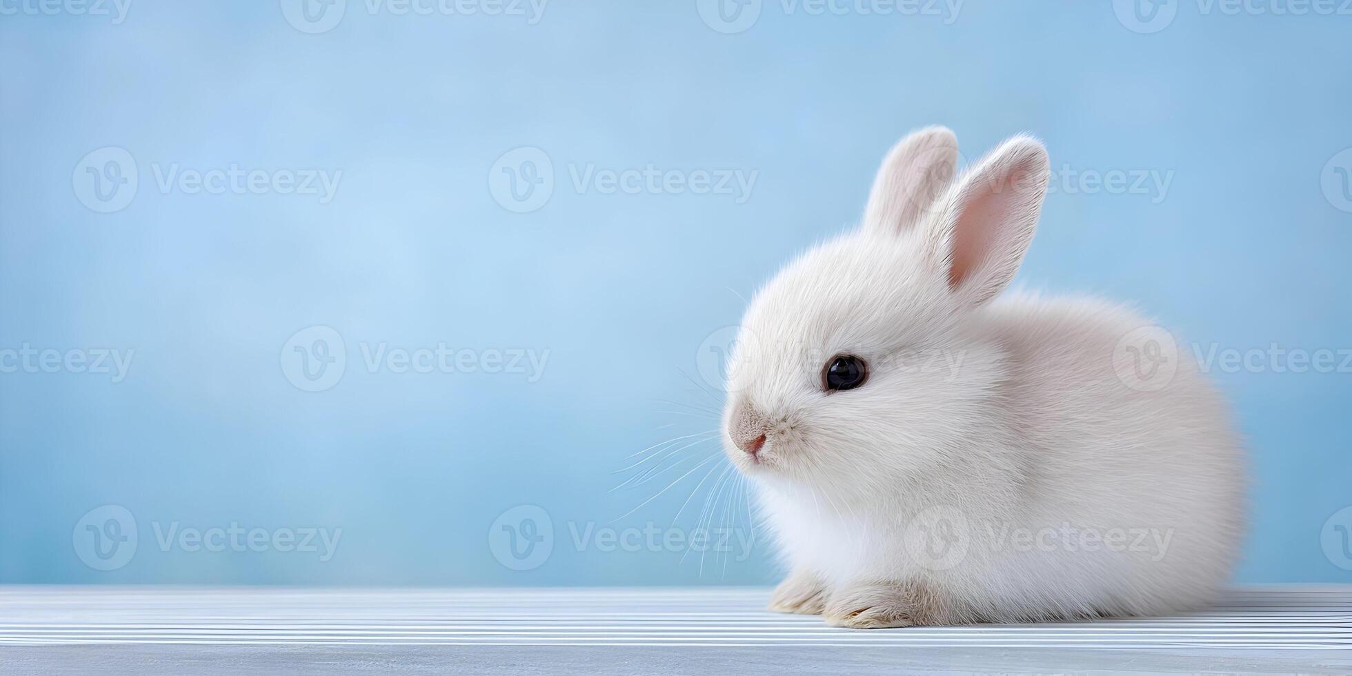 Cute White Baby Bunny Rabbit on Light Blue Background photo