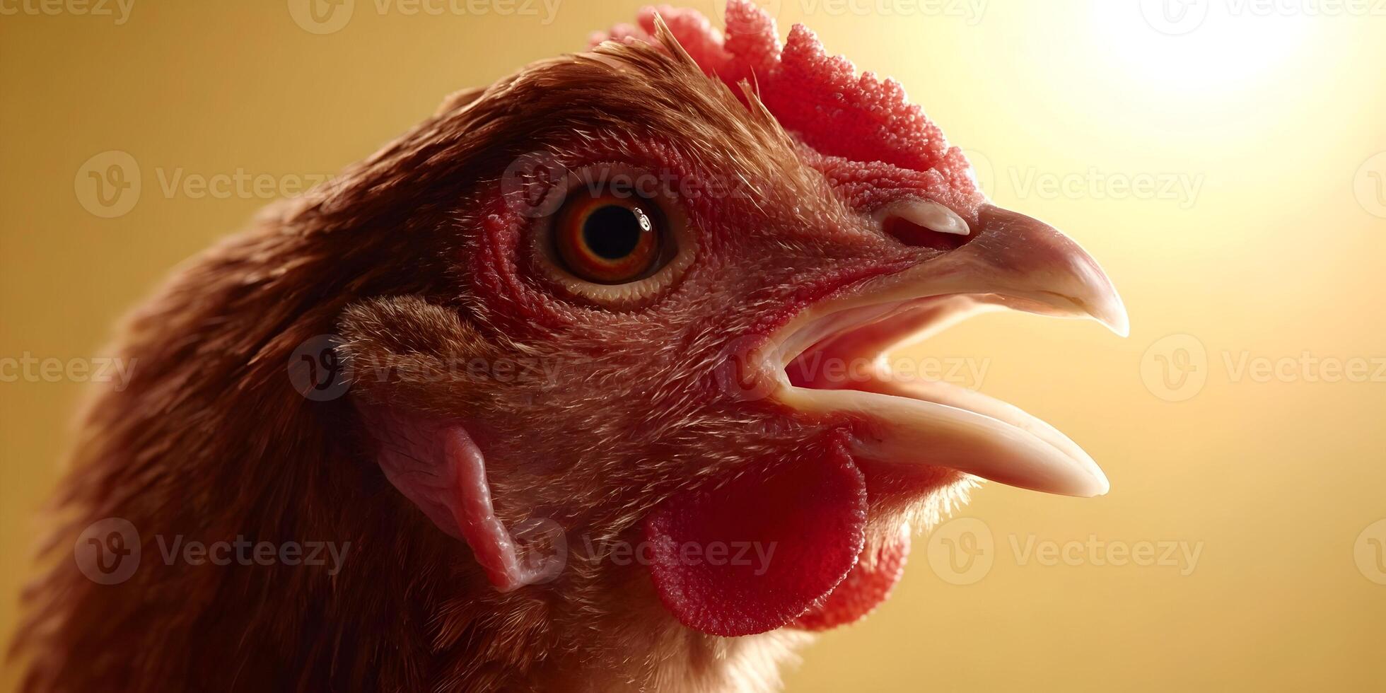 Closeup Brown Hen Crowing Open Mouth Red Comb Yellow Background Poultry Farm Animal photo