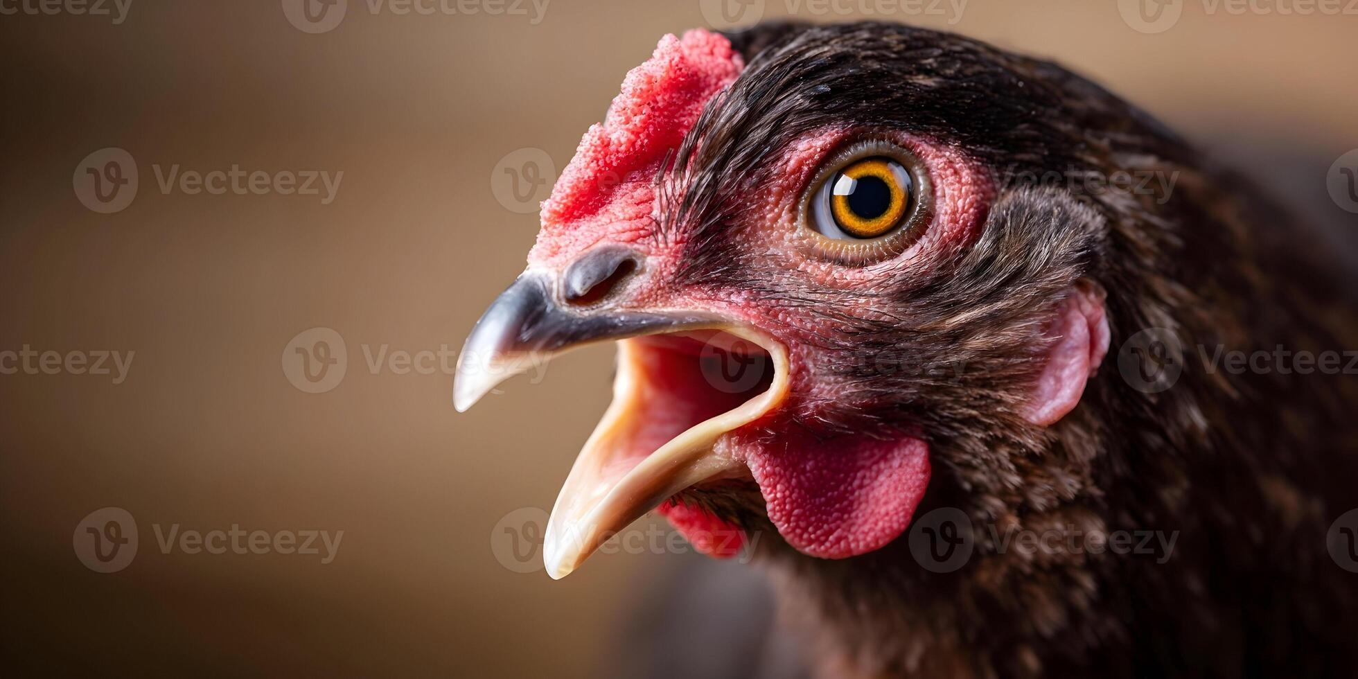 Closeup of a Brown Hen Crowing Open Mouth Red Comb Feathers photo