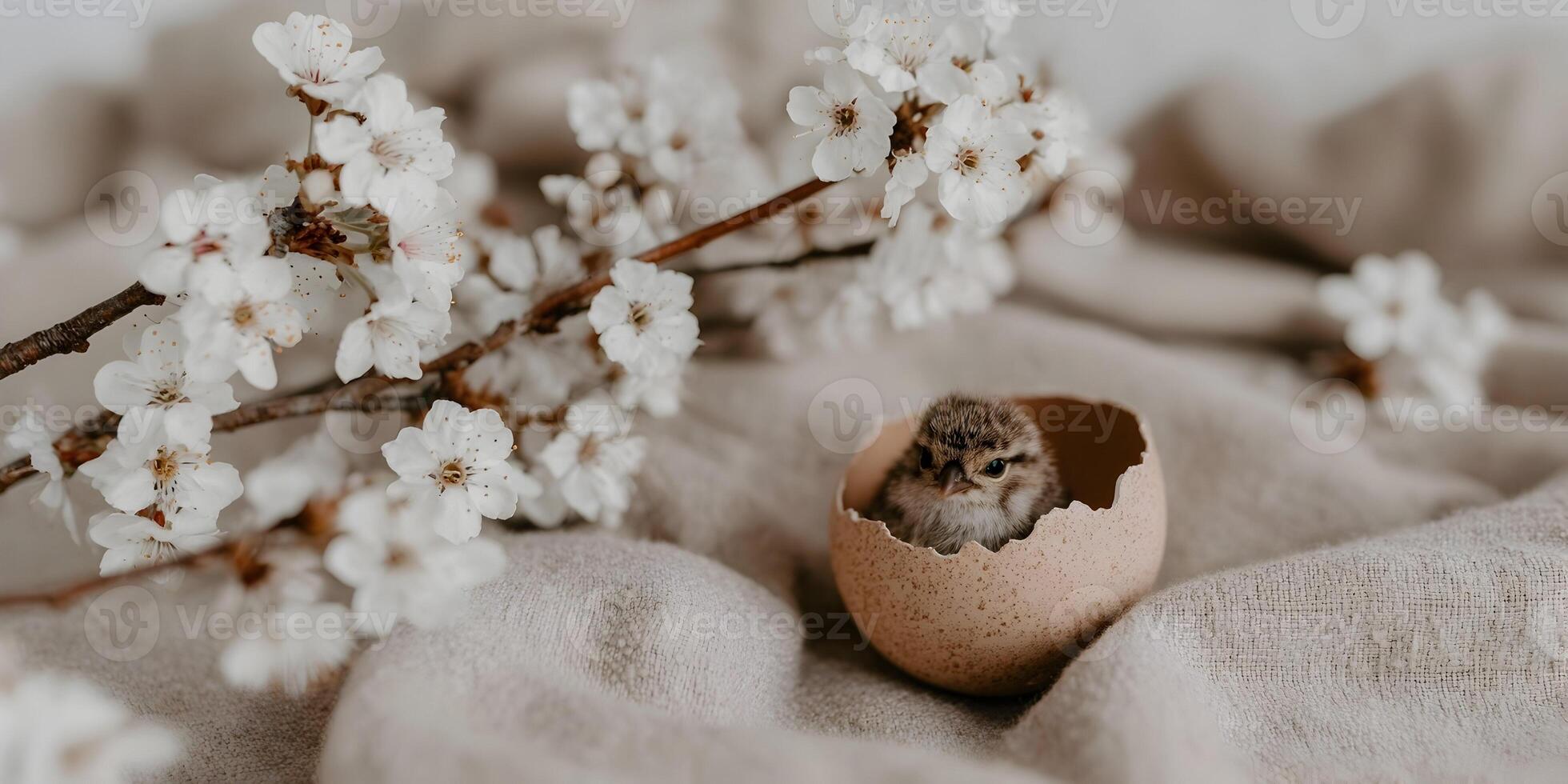 Cute Baby Bird in Eggshell Nestled in Spring Blossoms on Beige Fabric photo