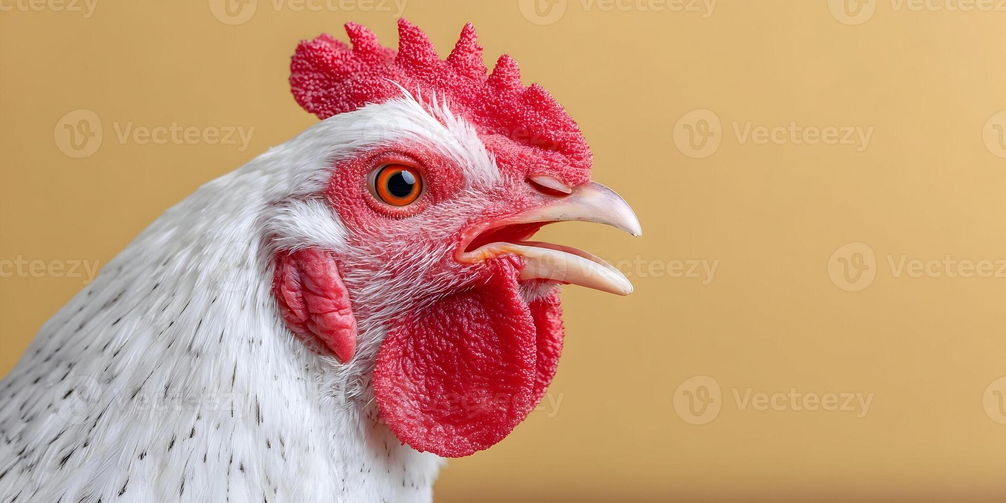 Closeup White Rooster Head Red Comb Yellow Background photo