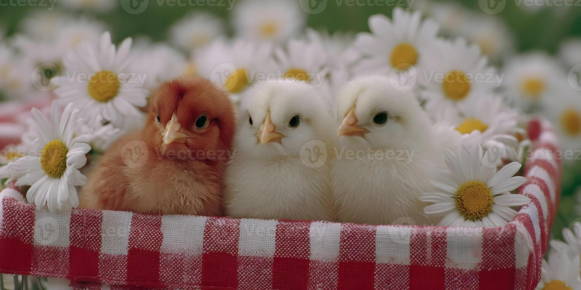 Three Baby Chicks in Red and White Gingham Basket with Daisies photo