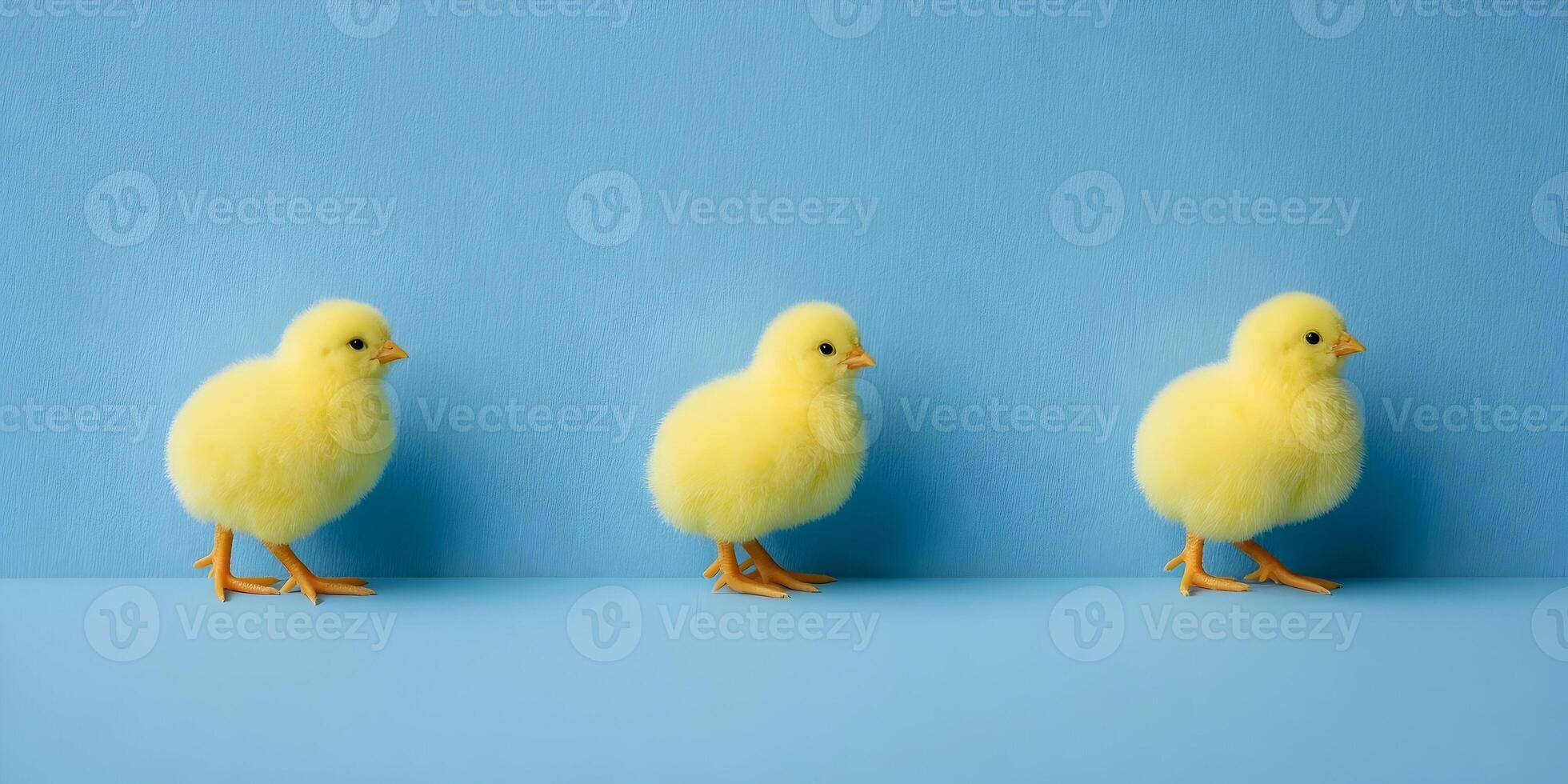 Three Cute Yellow Baby Chicks on Blue Background photo