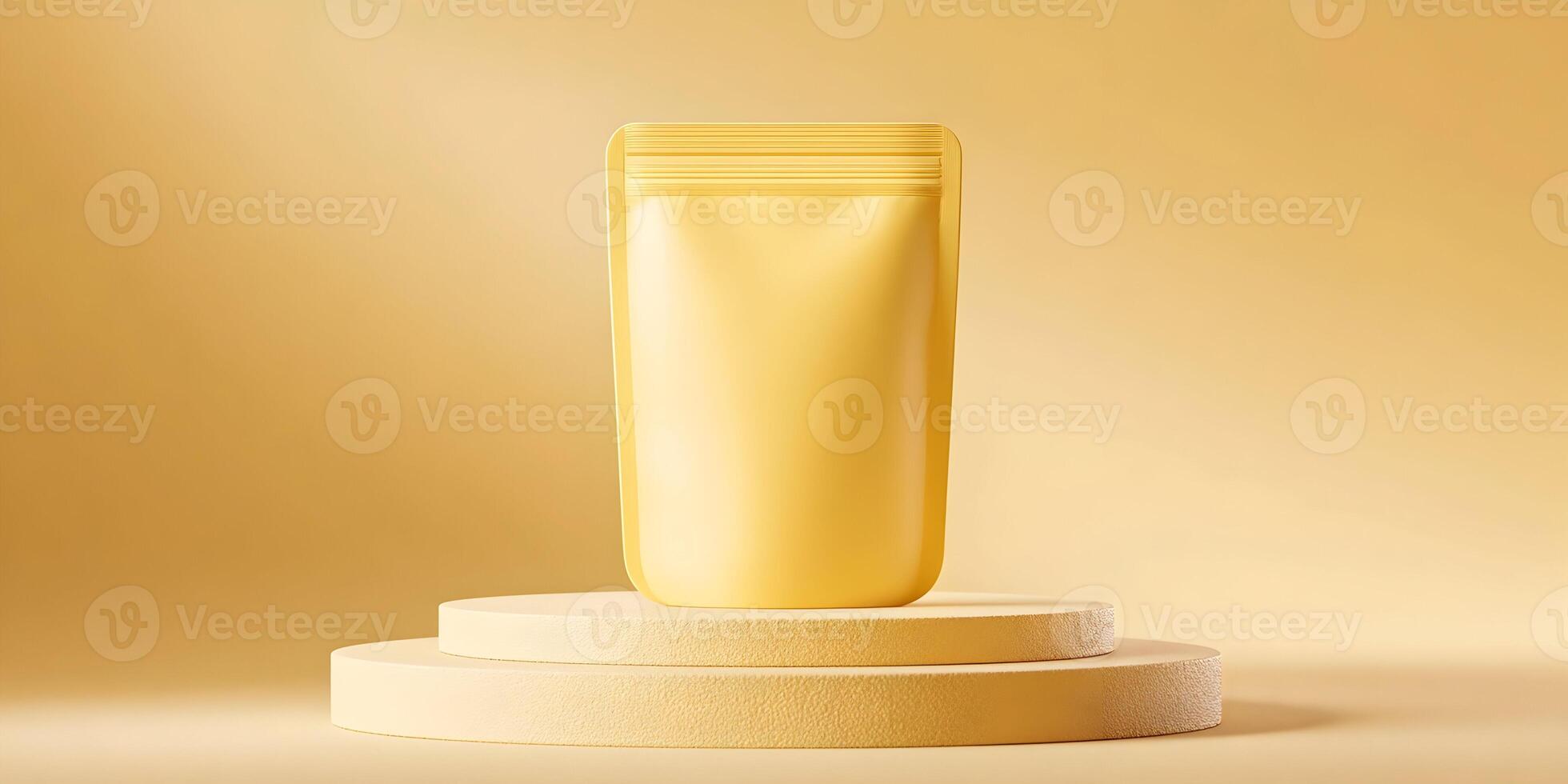 Yellow StandUp Pouch Packaging on Beige Display Platform photo
