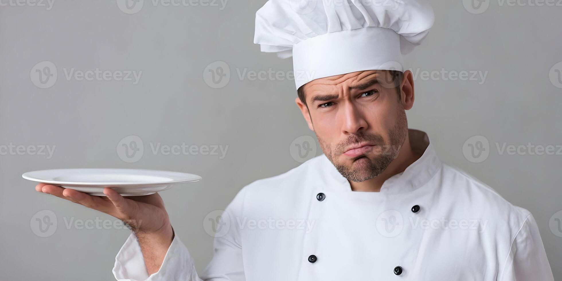 Dissatisfied Chef Holding Empty Plate Culinary Food Service Restaurant Unhappy Expression photo