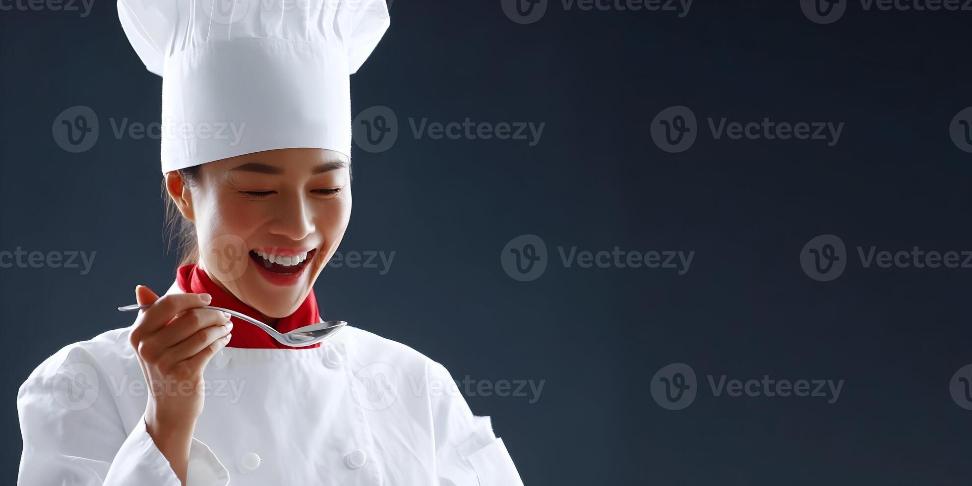 Happy Female Chef Tasting Food in Kitchen Smiling Woman in Chefs Hat and Uniform Cooking Delicious Meal Restaurant Culinary Art Food Photography photo