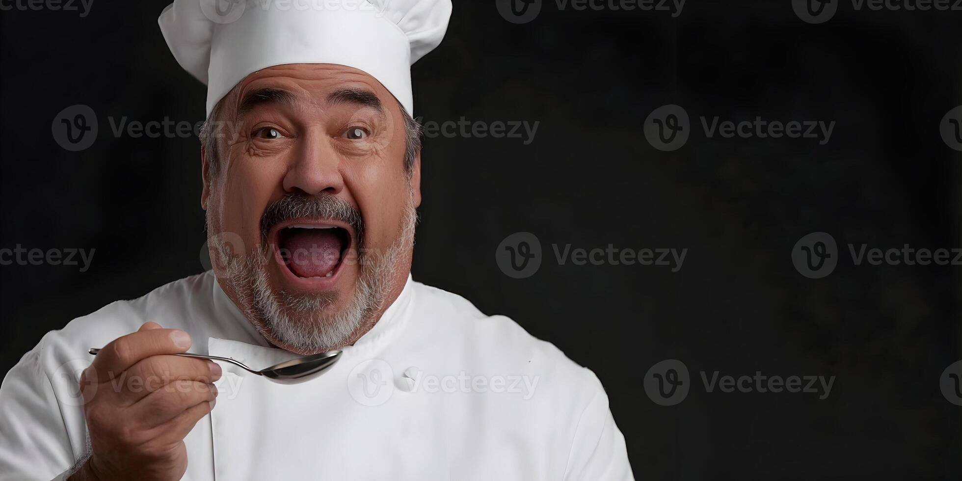 Surprised Male Chef Tasting Food with Spoon Delicious Expression Culinary Image photo