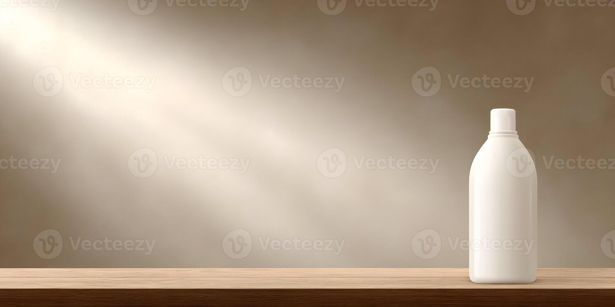 White Plastic Bottle on Wooden Shelf Beige Background Mockup photo