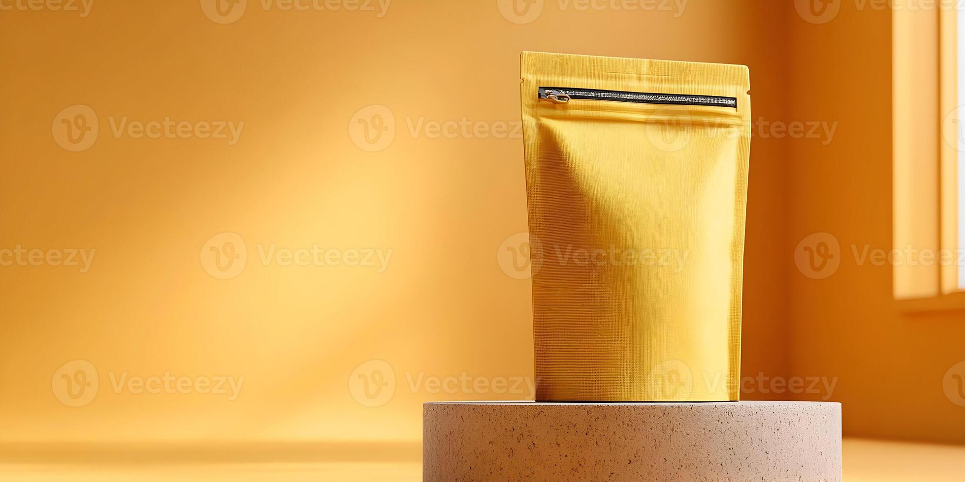 Mustard Yellow Stand Up Pouch Packaging Mockup Gold Background photo