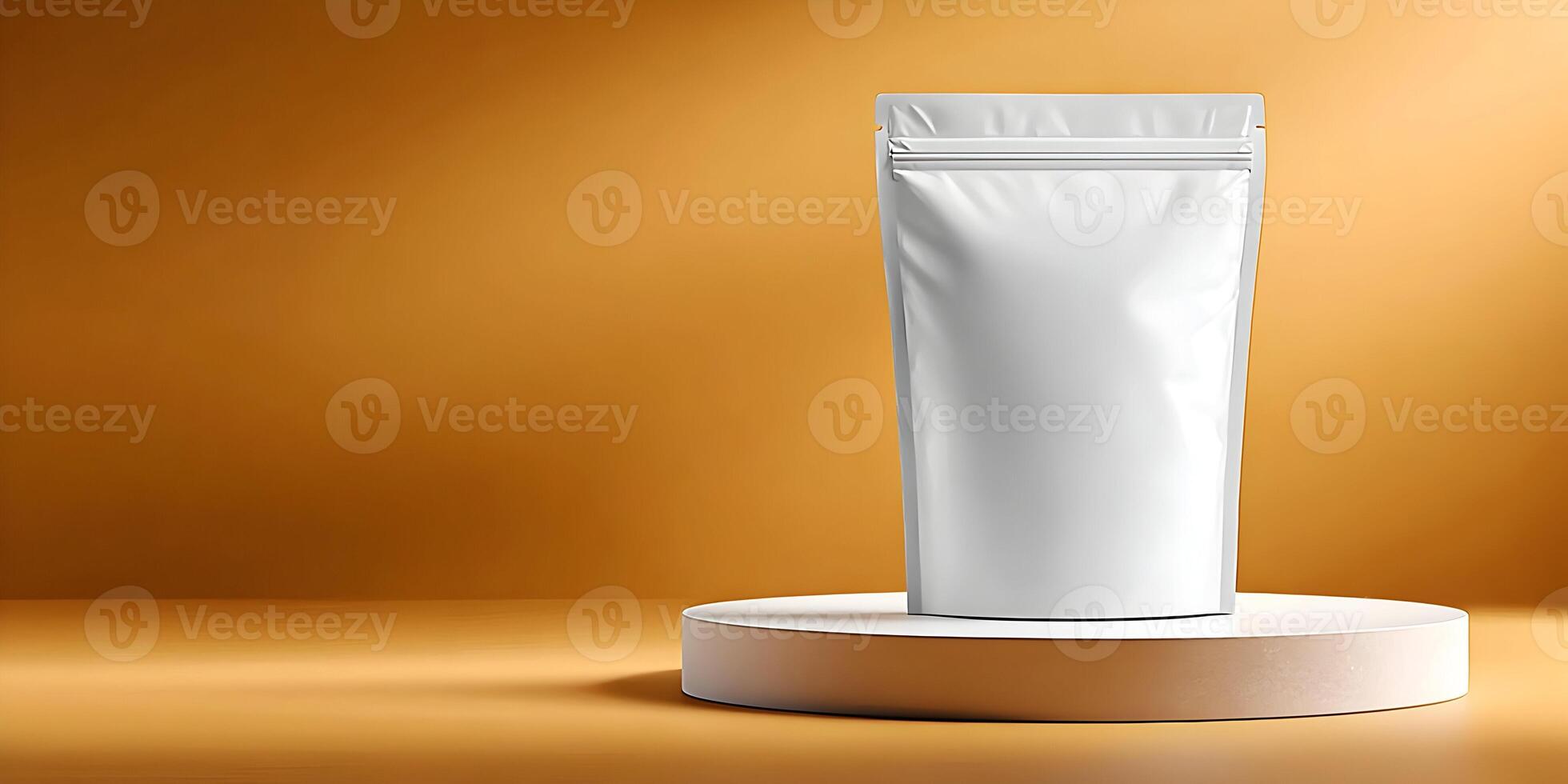 Blank White Stand Up Pouch Packaging Mockup on Orange Background photo