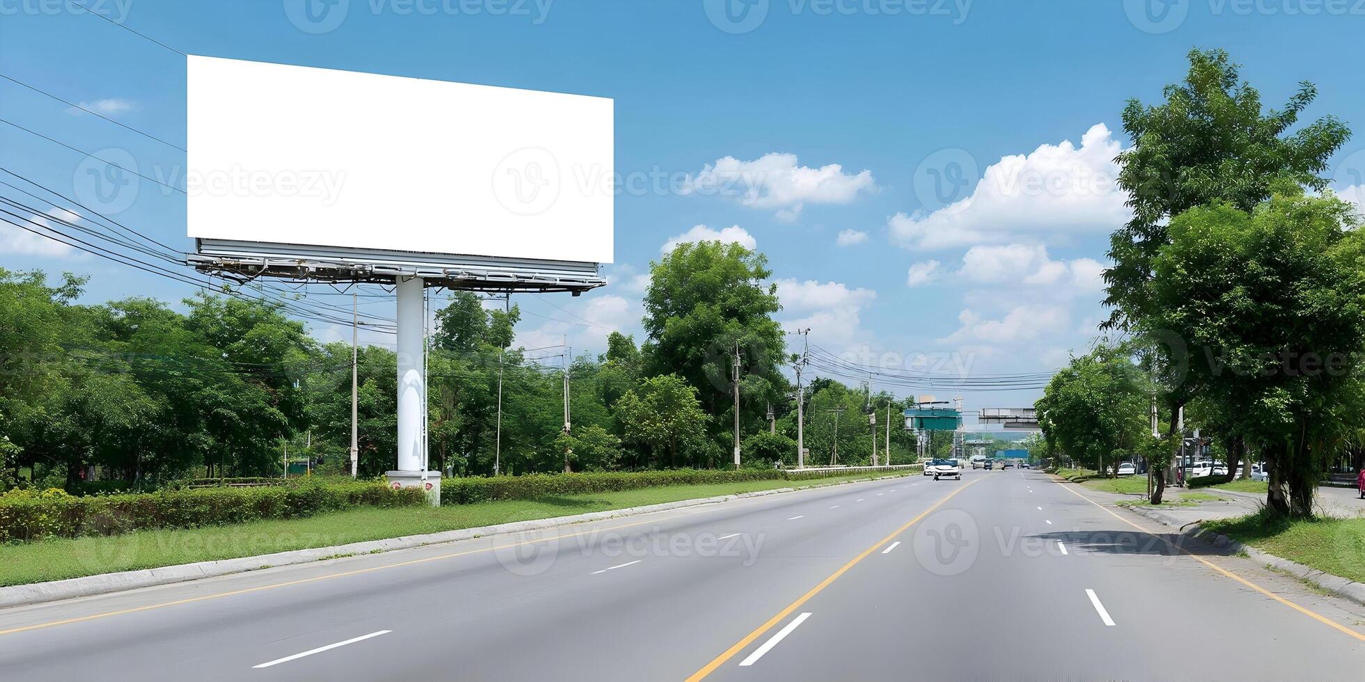 Blank Billboard Advertisement on Roadside with Lush Greenery and Blue Sky photo