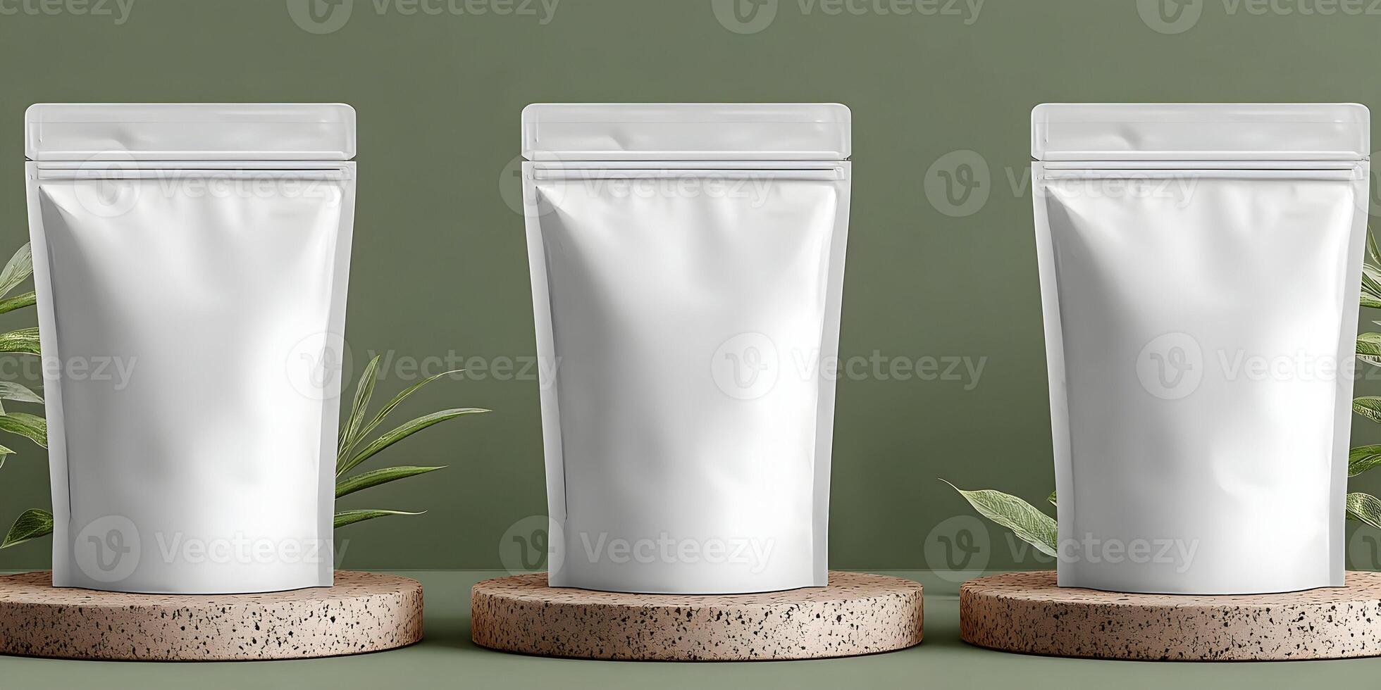 Three White Stand Up Pouches Packaging Mockup on Green Background photo