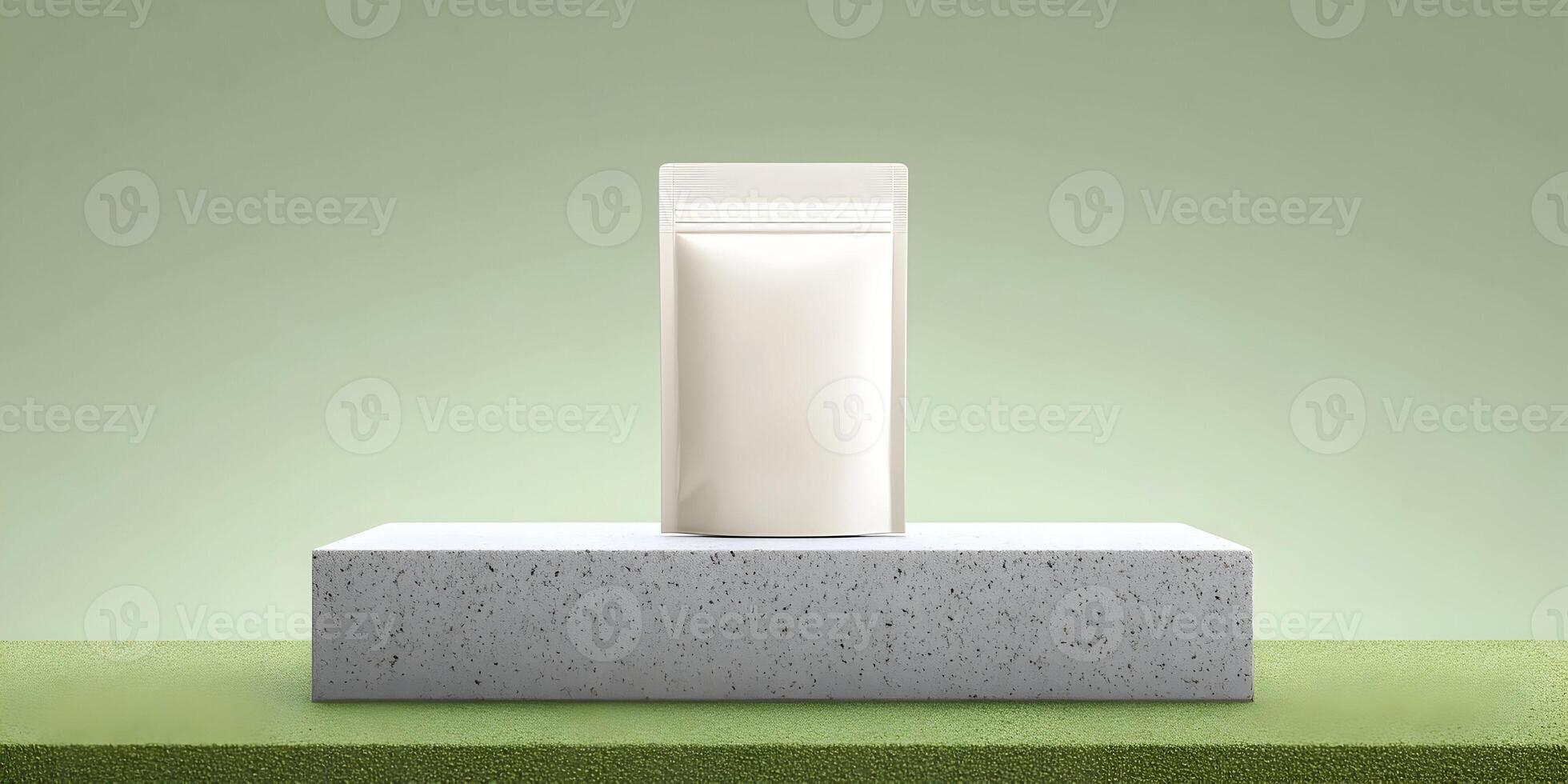 Blank White Stand Up Pouch on Stone Pedestal Green Background Product Packaging Mockup photo