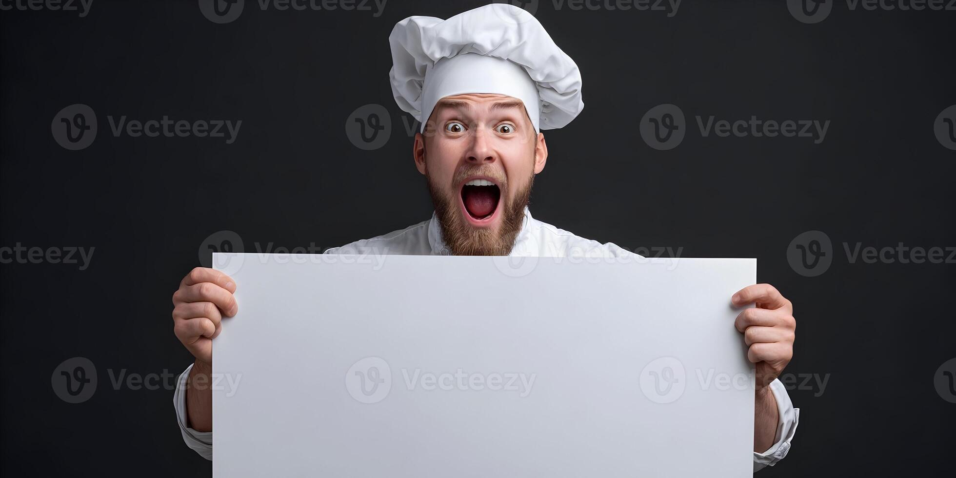 Surprised Male Chef Holding Blank White Sign Board photo