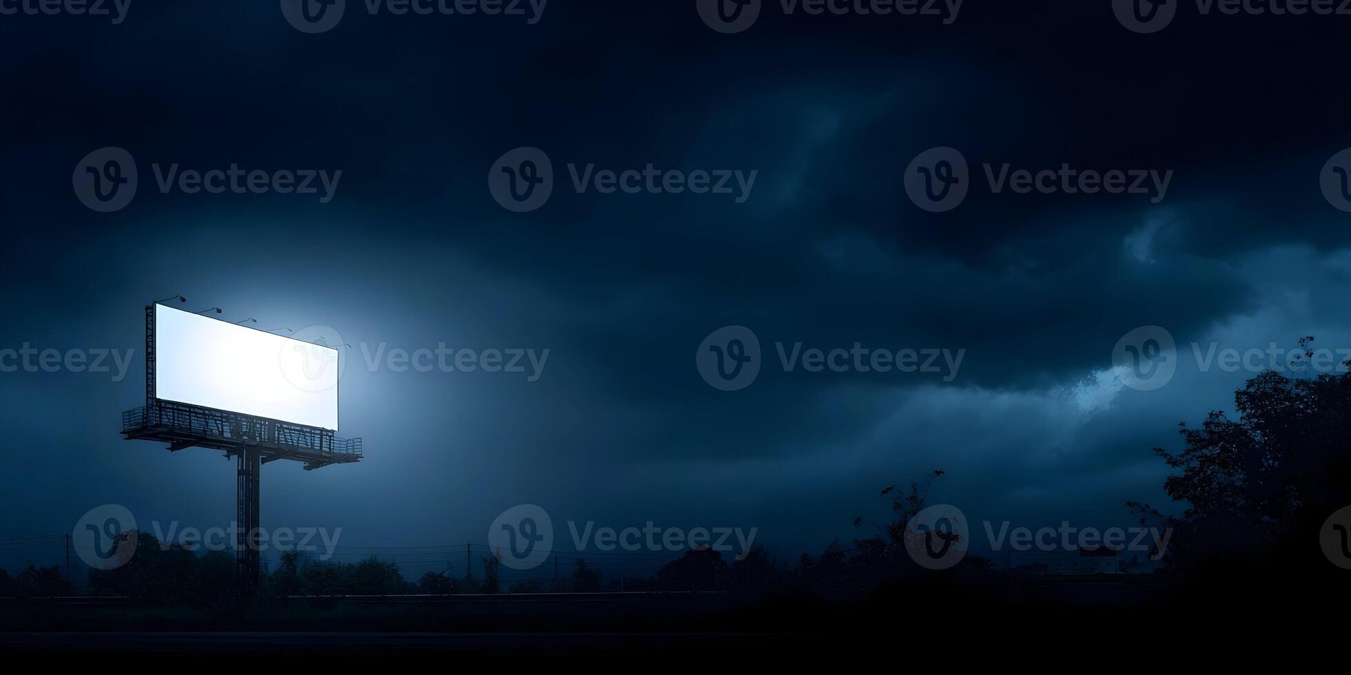 Blank Billboard at Night Dark Stormy Clouds Illuminated Advertisement Mockup photo