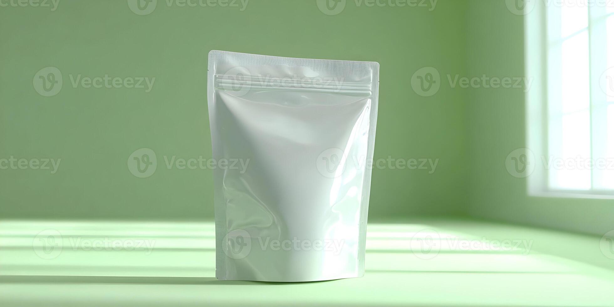 White Stand Up Pouch Packaging Mockup on Green Background photo