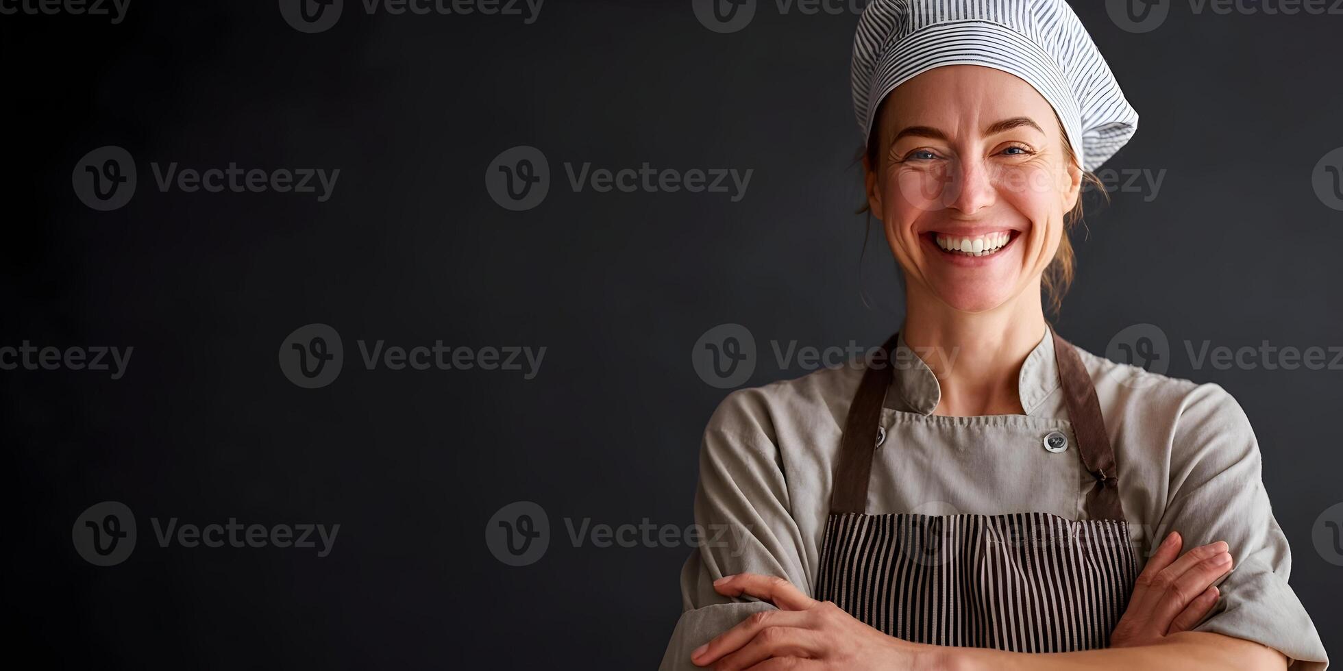 Happy Female Chef Baker Smiling in Apron and Hat photo