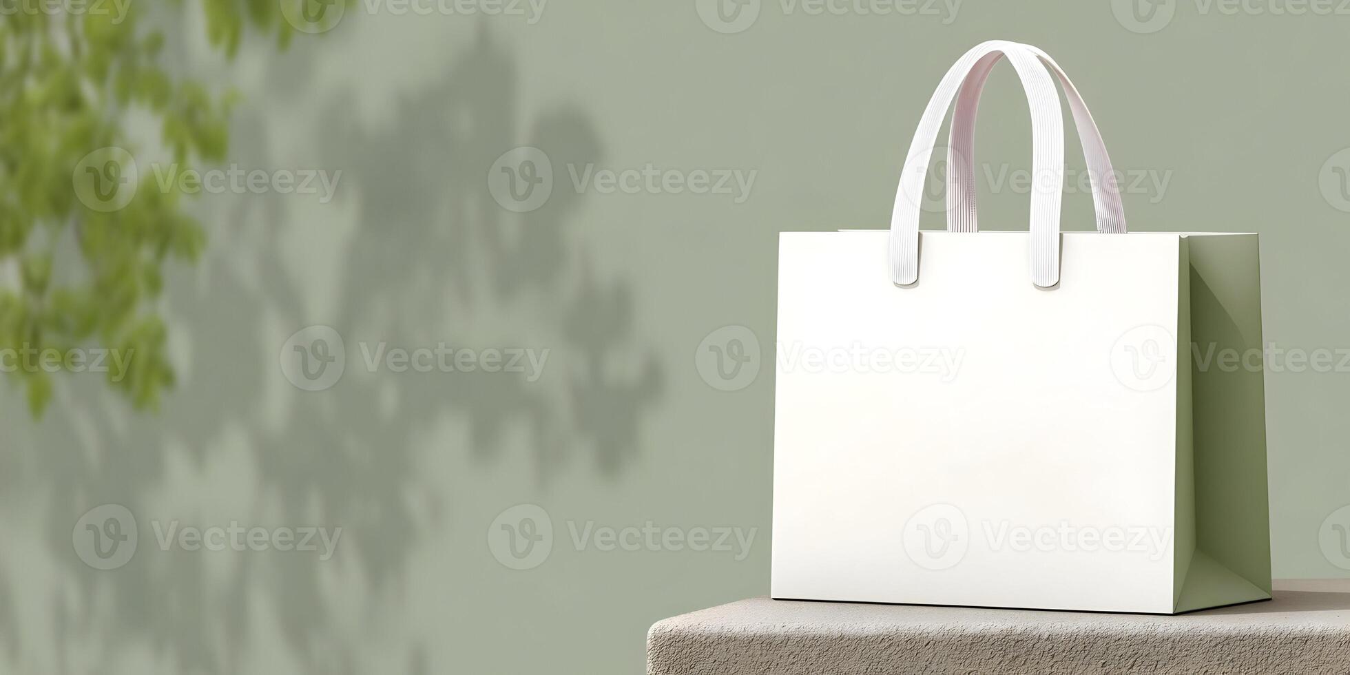 Blank White Shopping Bag Mockup Sage Green Background photo