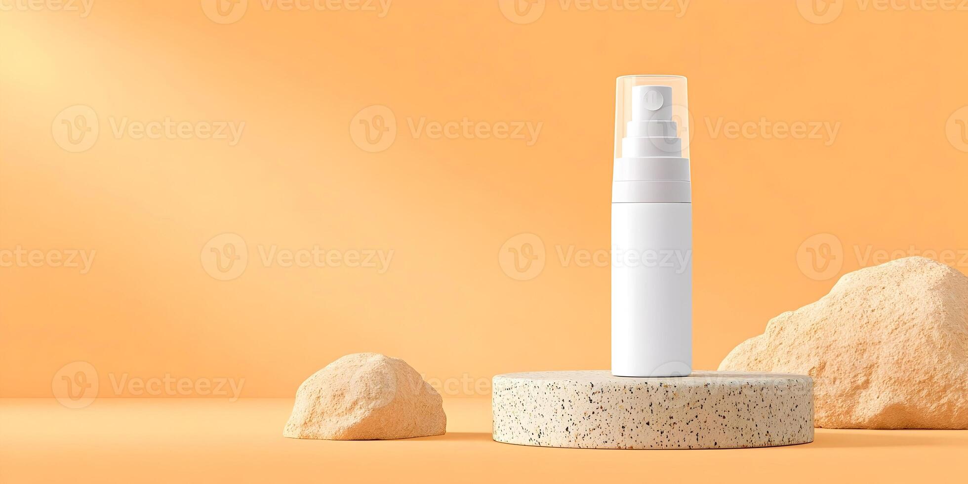 White Spray Bottle on Beige Terrazzo Podium with Rocks Minimalist Product Mockup photo