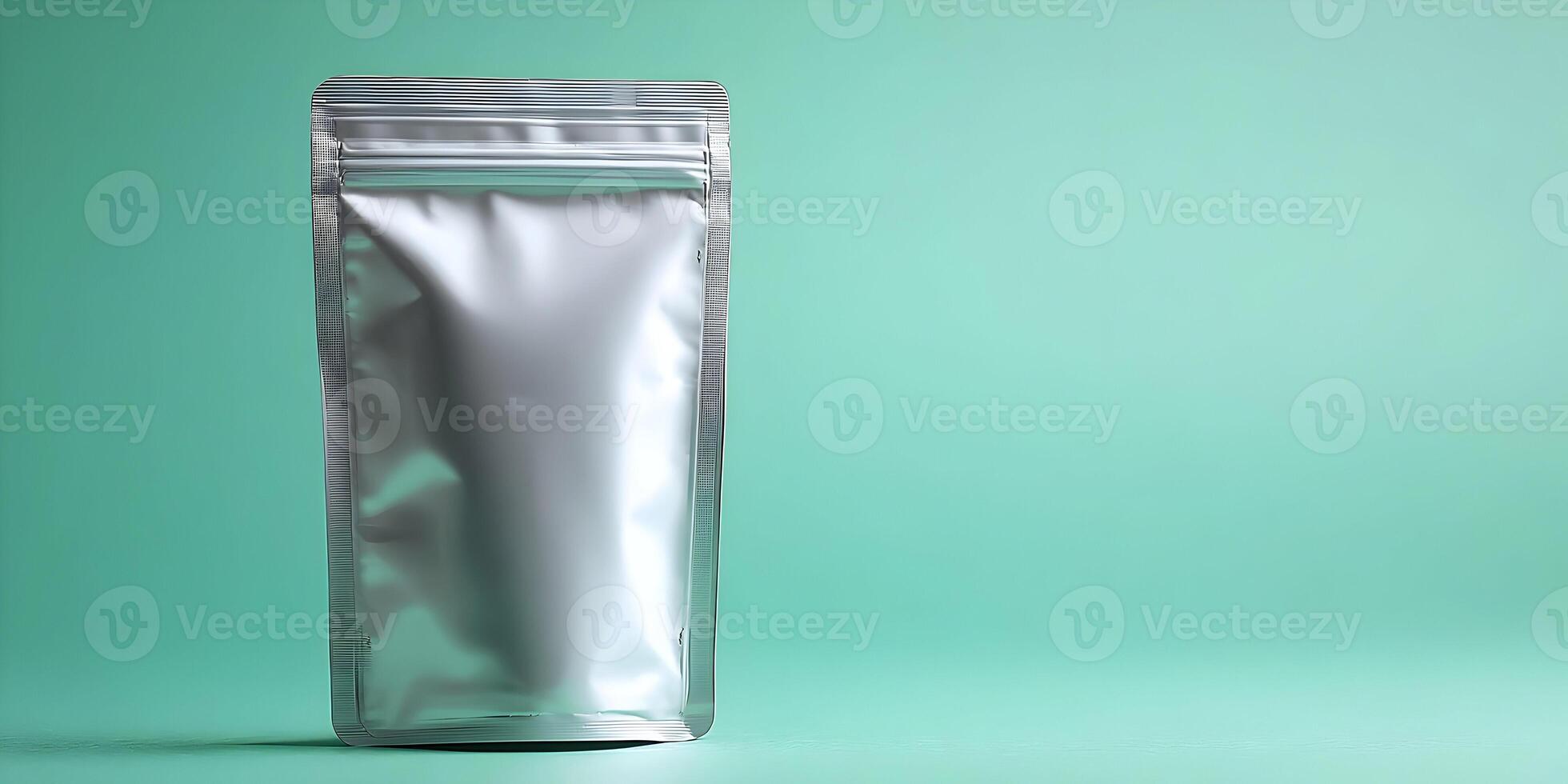 Silver Foil Pouch Packaging Mockup on Teal Background photo