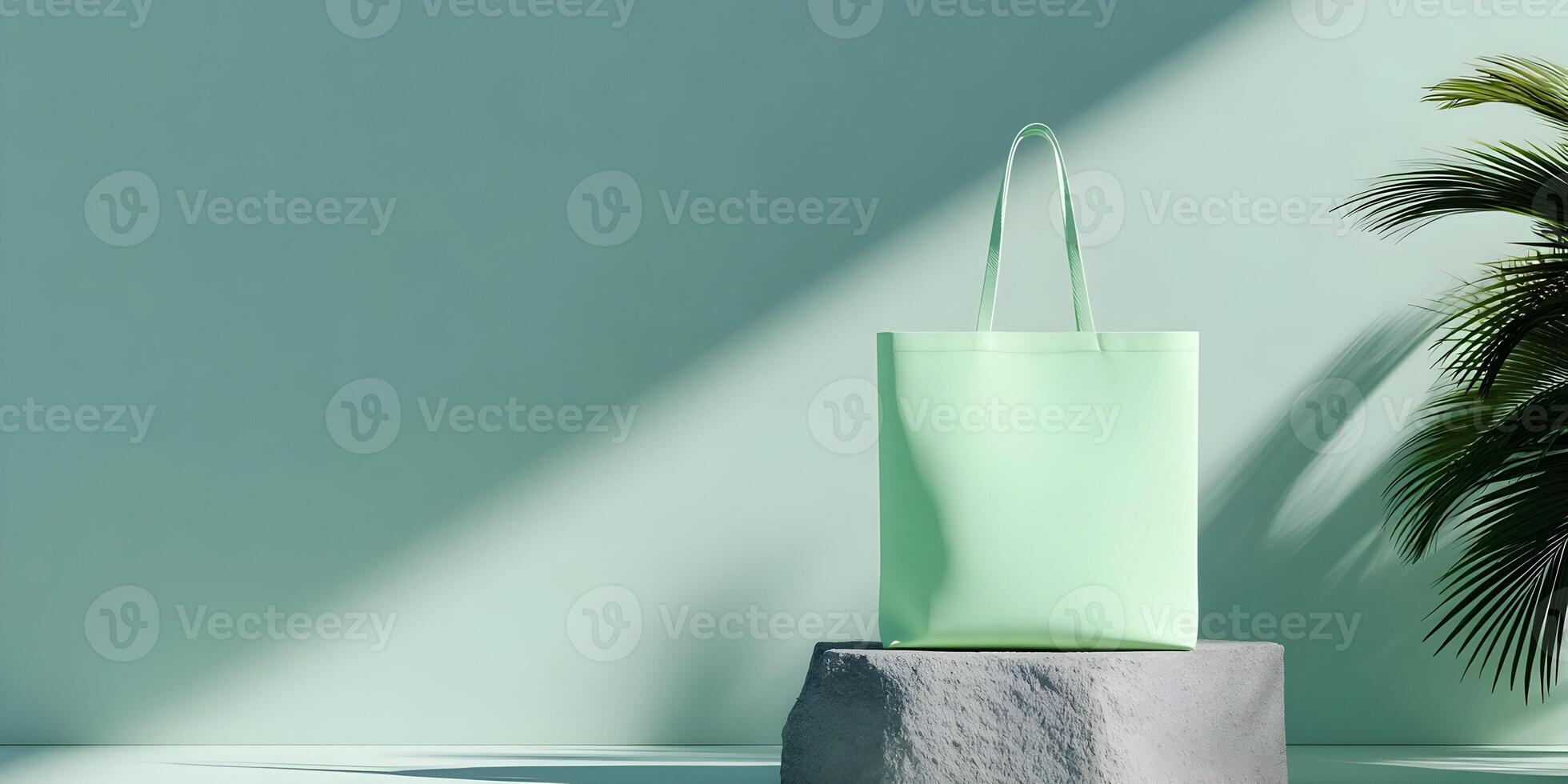 LightGreen Tote Bag Mockup on Gray Stone with Palm Leaves and Shadow photo
