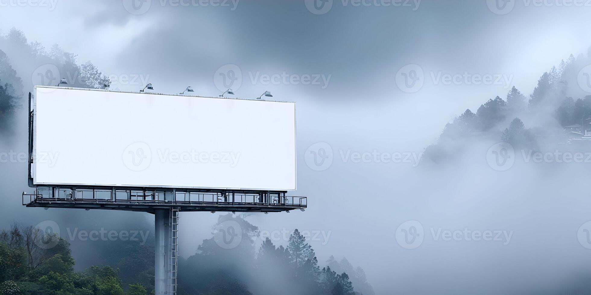 Blank Billboard in Misty Mountain Landscape photo