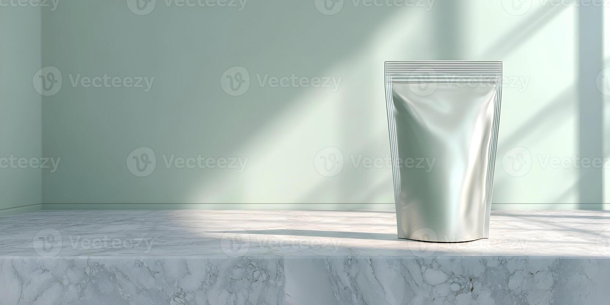 Silver Foil Pouch Stand Up Bag on Marble Surface Minimalist Product Packaging Mockup photo