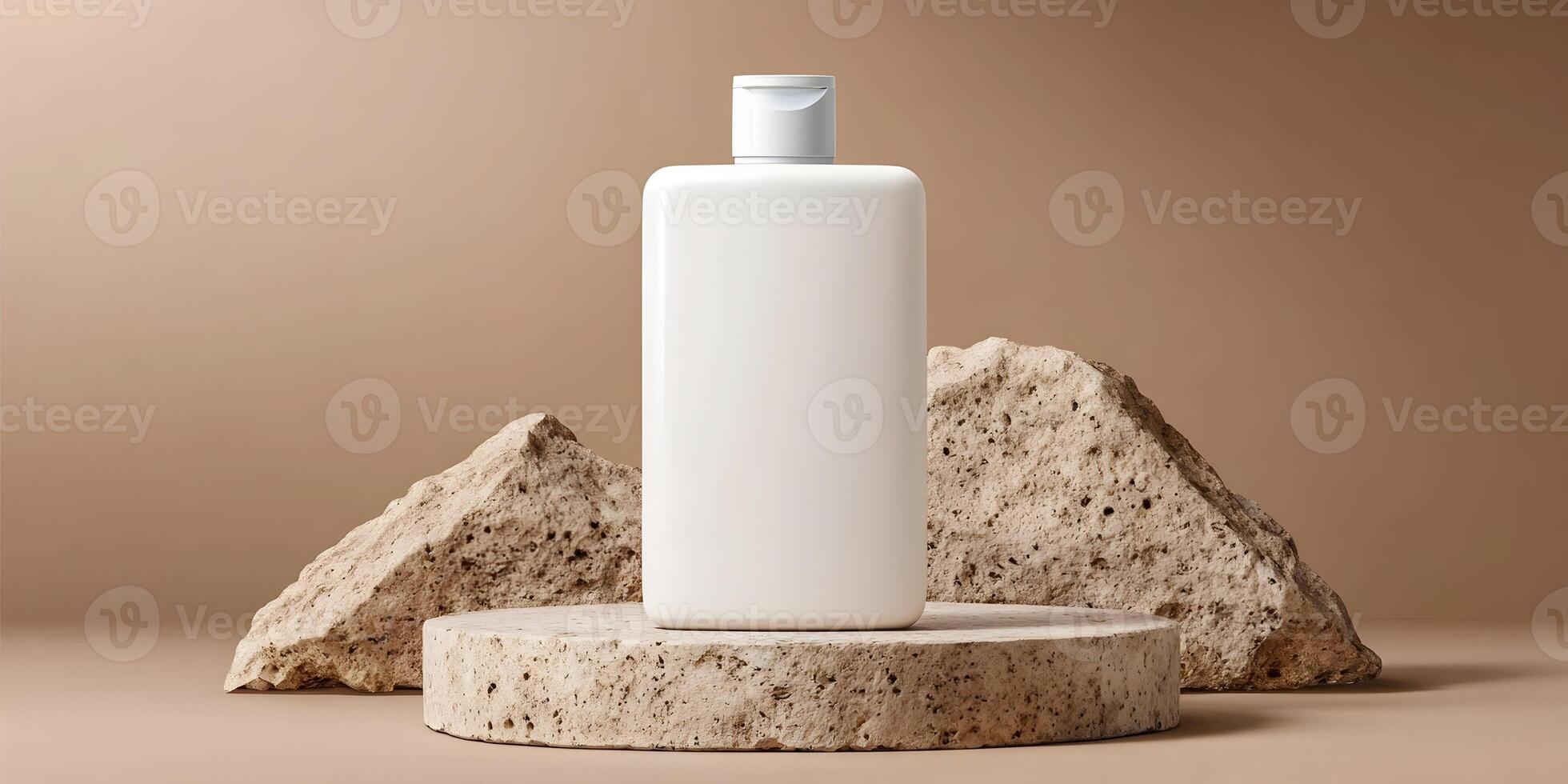 White Plastic Bottle Mockup on Beige Stone Podium Minimal Product Presentation photo