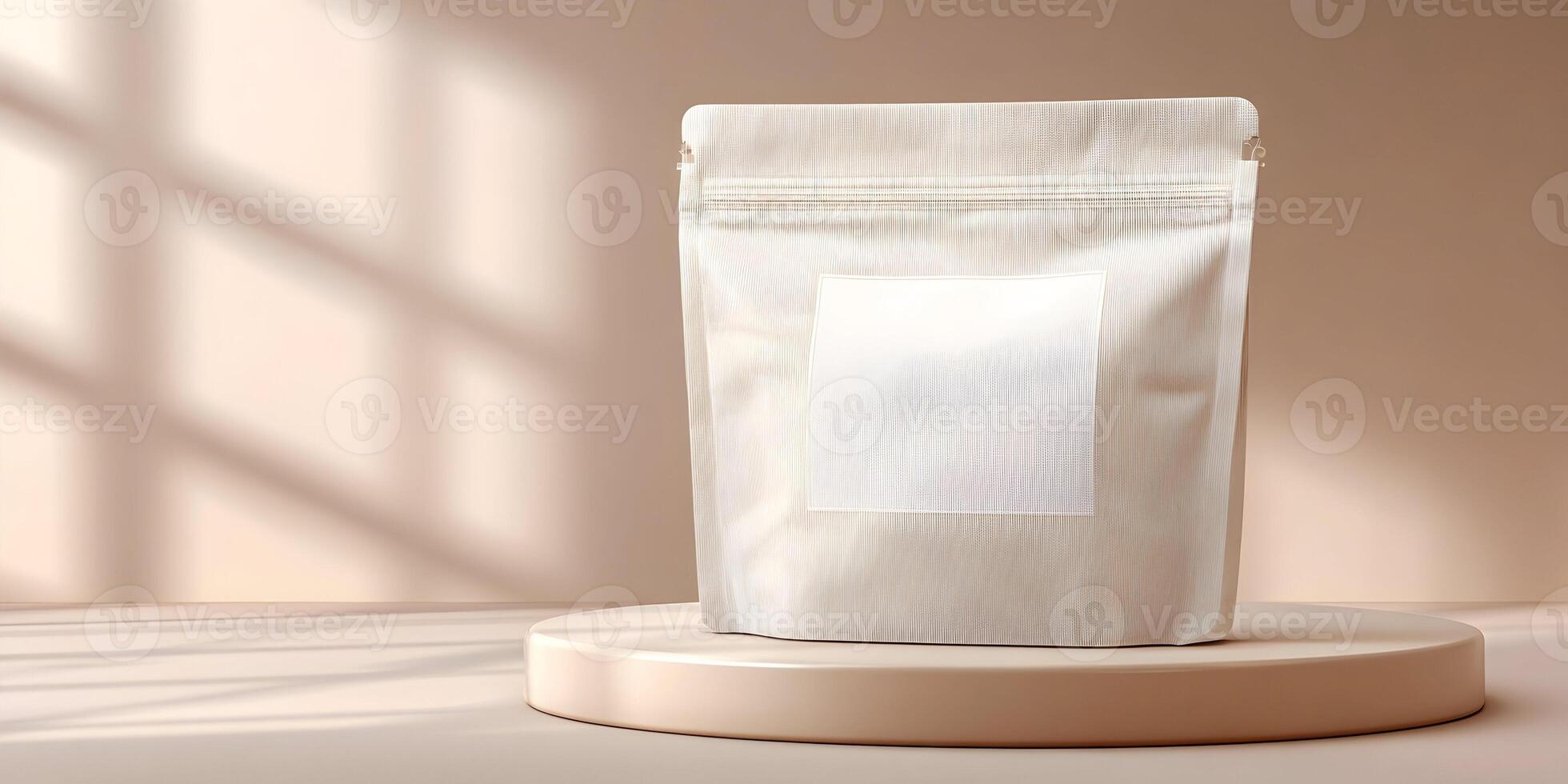 Beige StandUp Pouch Bag Mockup with Blank Label on Neutral Background photo