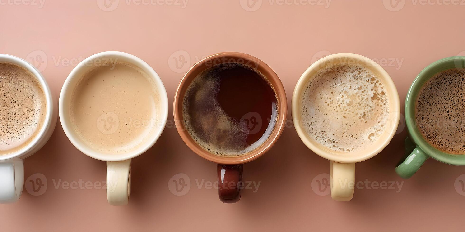 Five Coffee Cups Row Different Colors Coffee Drinks Latte Espresso Cappuccino photo