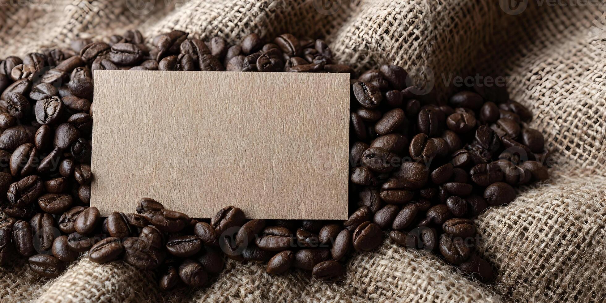 Blank Brown Card Mockup on Roasted Coffee Beans Burlap Sack photo