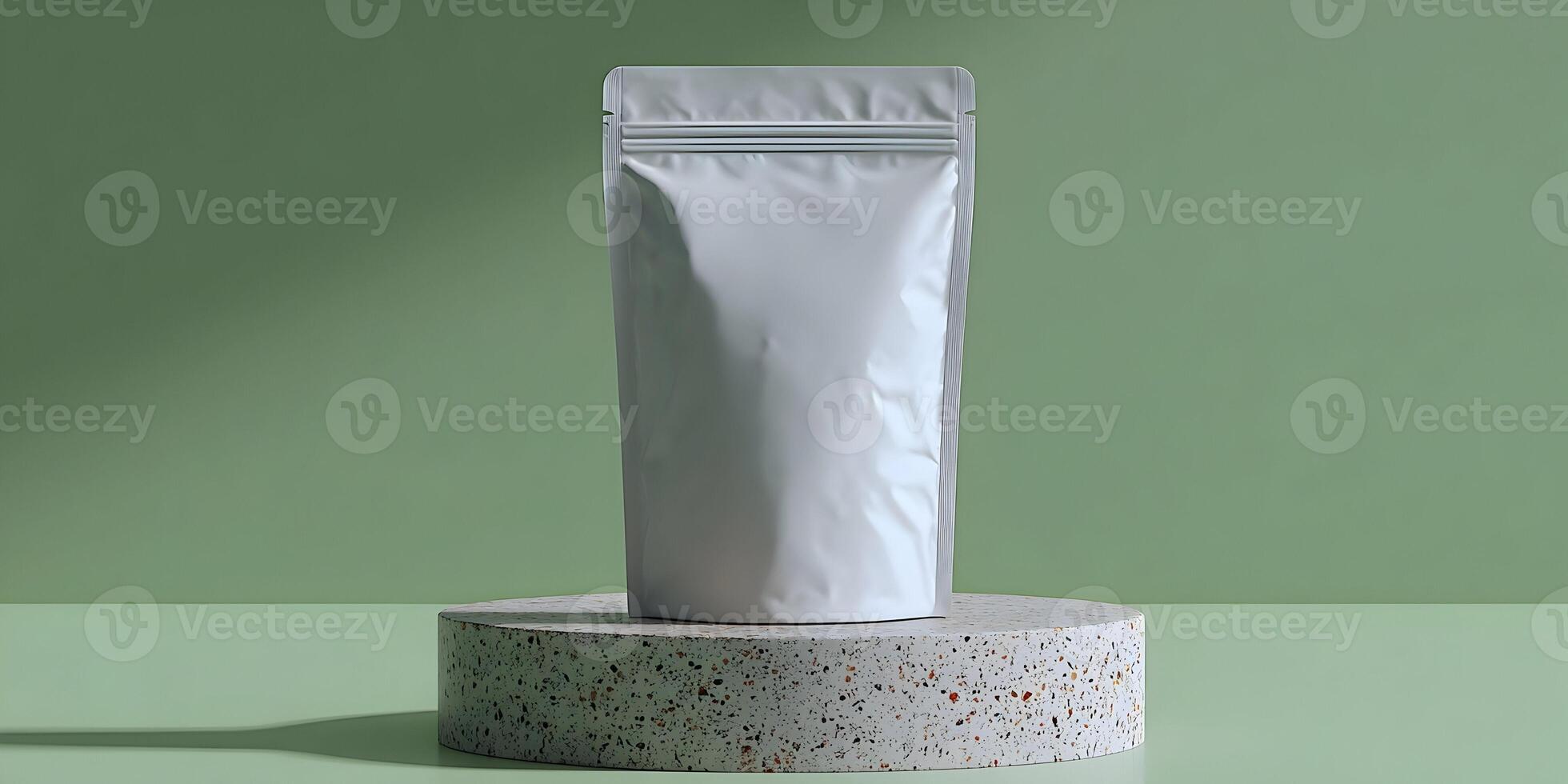 White Stand Up Pouch Mockup on Terrazzo Podium Green Background photo