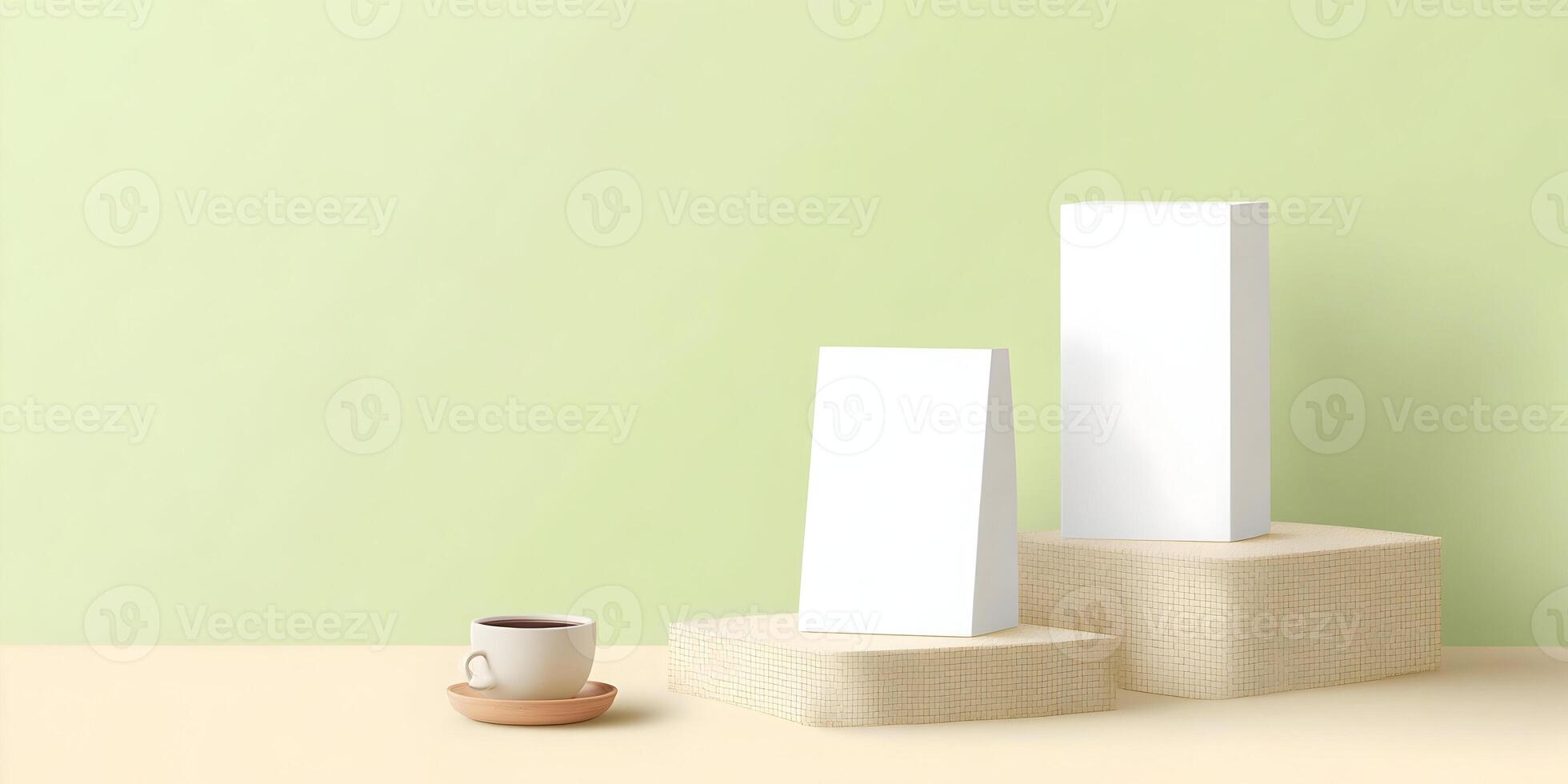 White Blank Packaging Mockup on Beige Pedestal with Coffee Cup photo