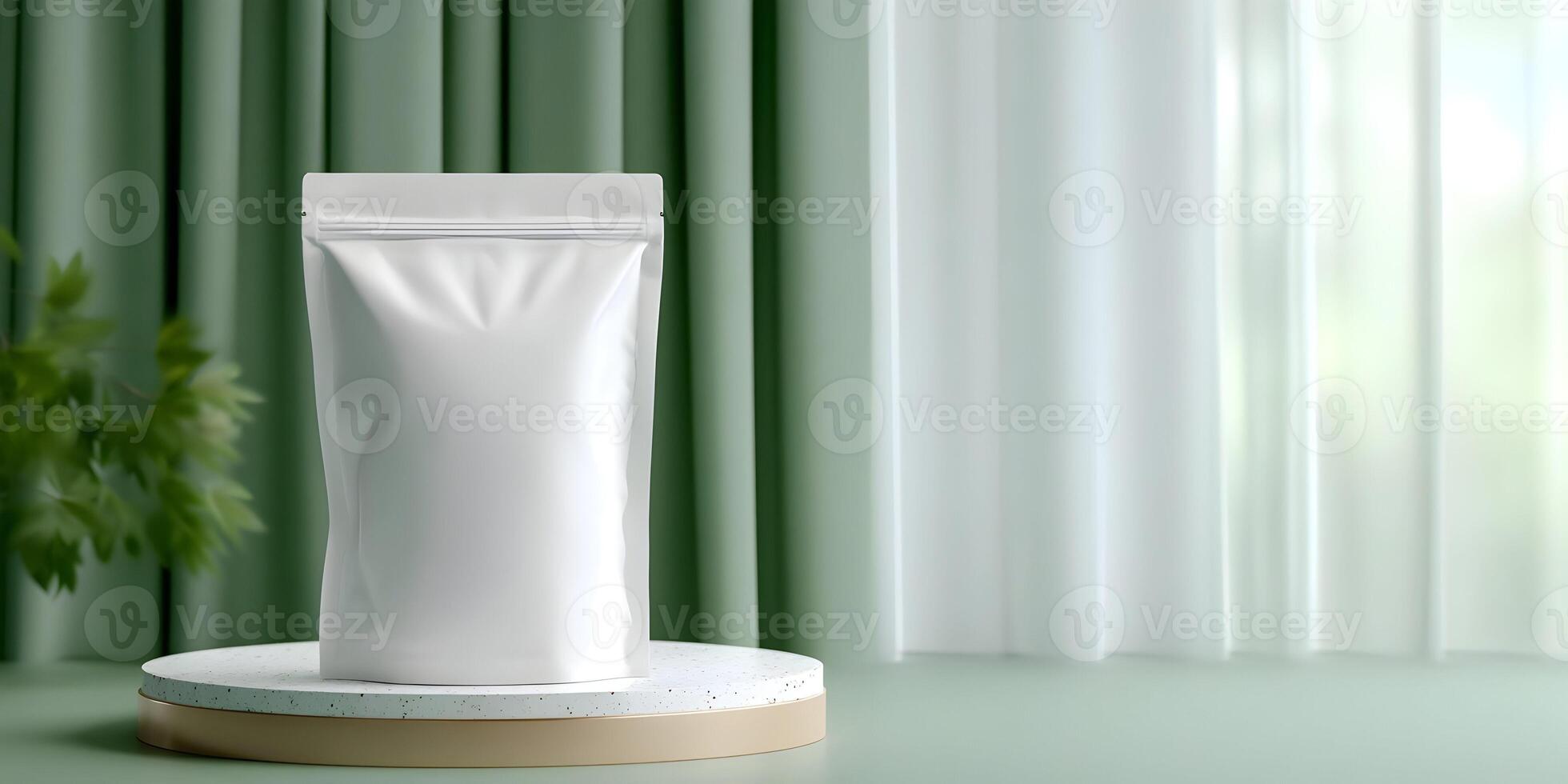 Blank White Stand Up Pouch Packaging on Round Marble Display Green Background photo