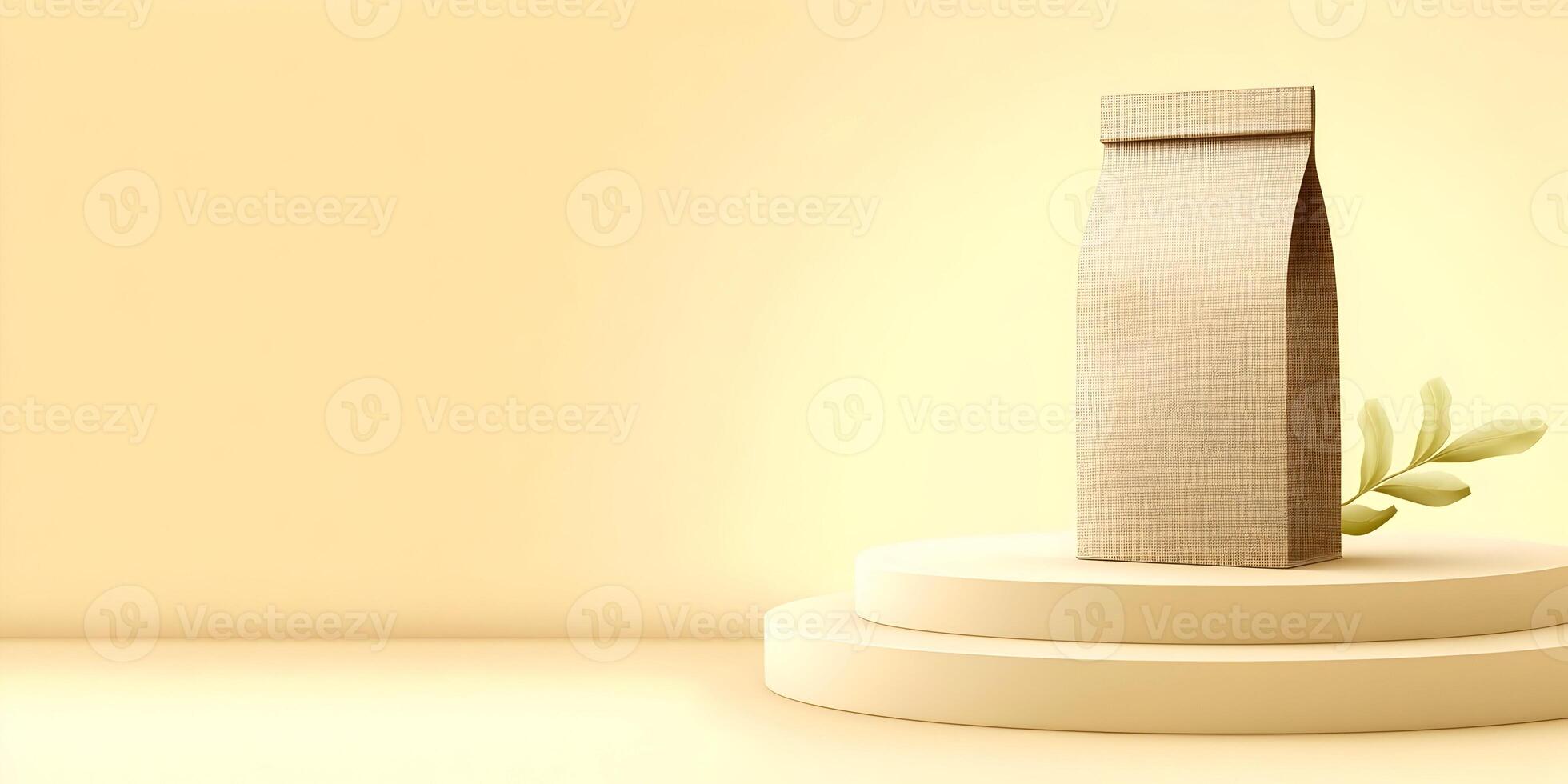 Kraft Paper Bag Mockup on Beige Podium with Leaf photo