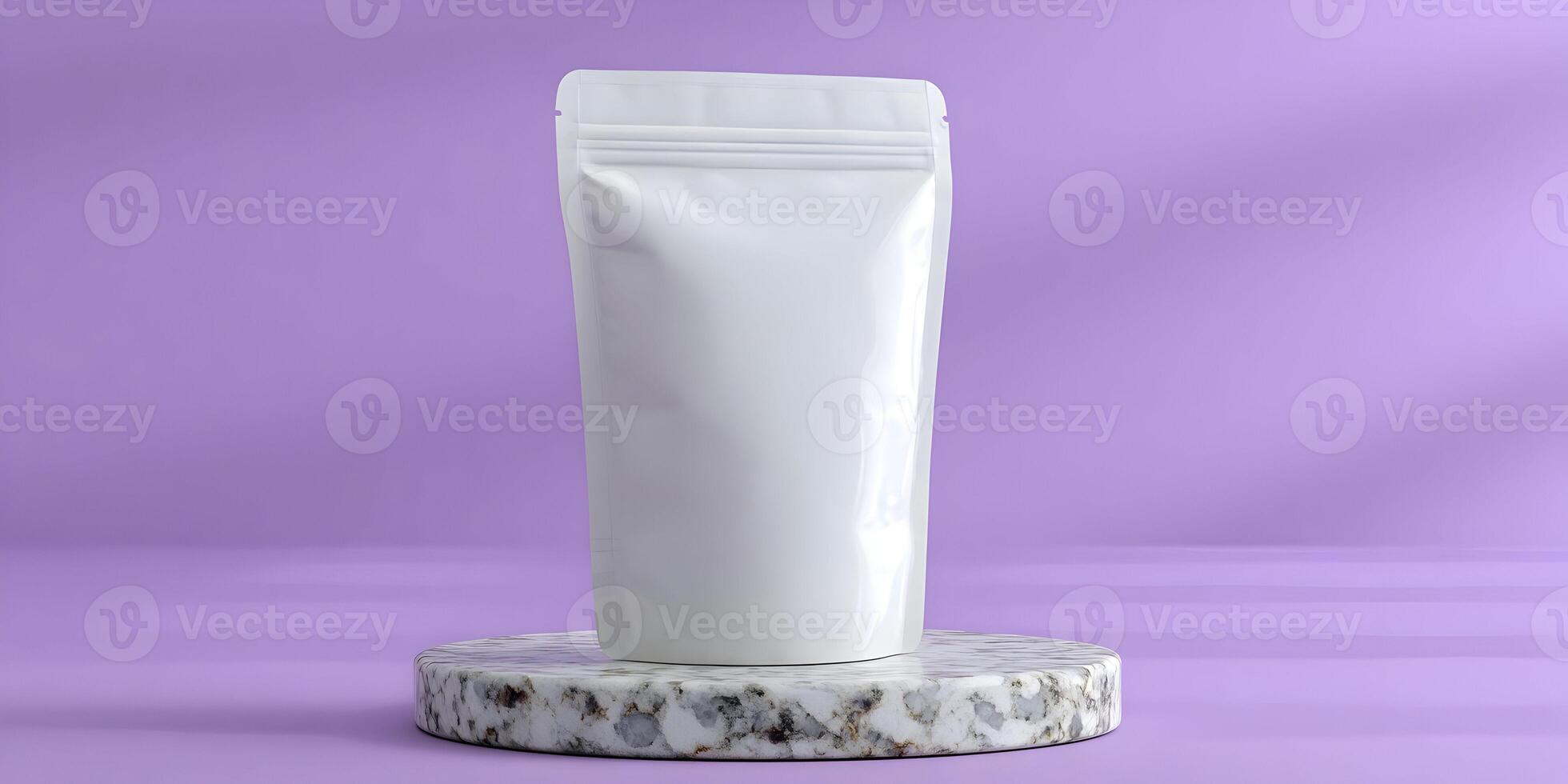 White Stand Up Pouch Mockup on Marble Pedestal Purple Background photo