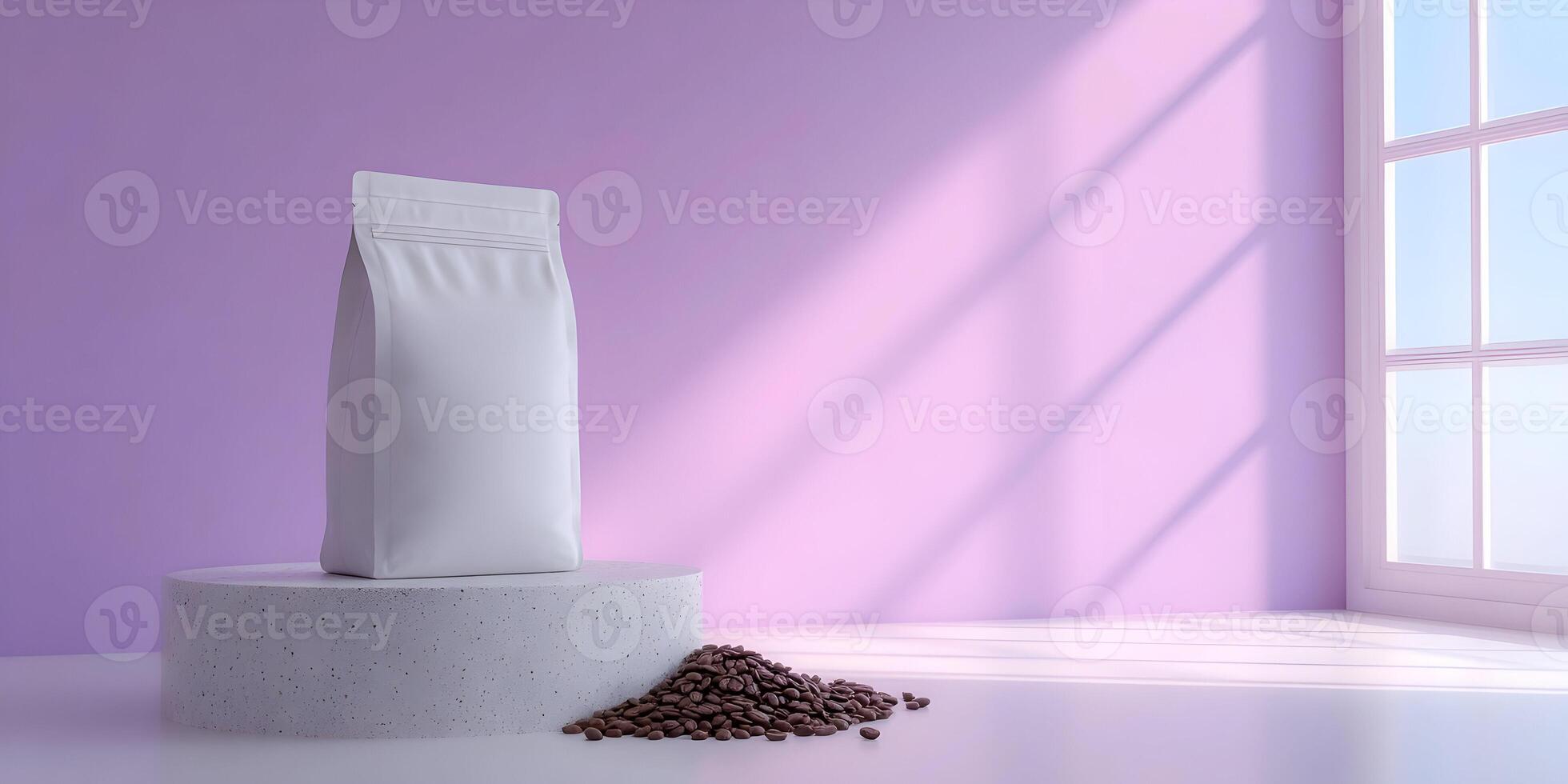 Blank White Coffee Bag Mockup on Concrete Pedestal with Coffee Beans photo