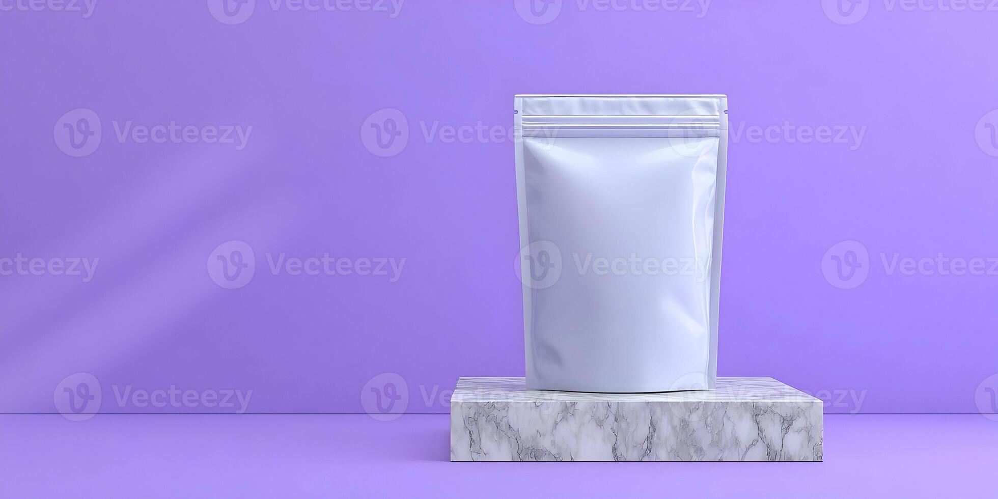 Blank White Stand Up Pouch on Marble Display Purple Background photo