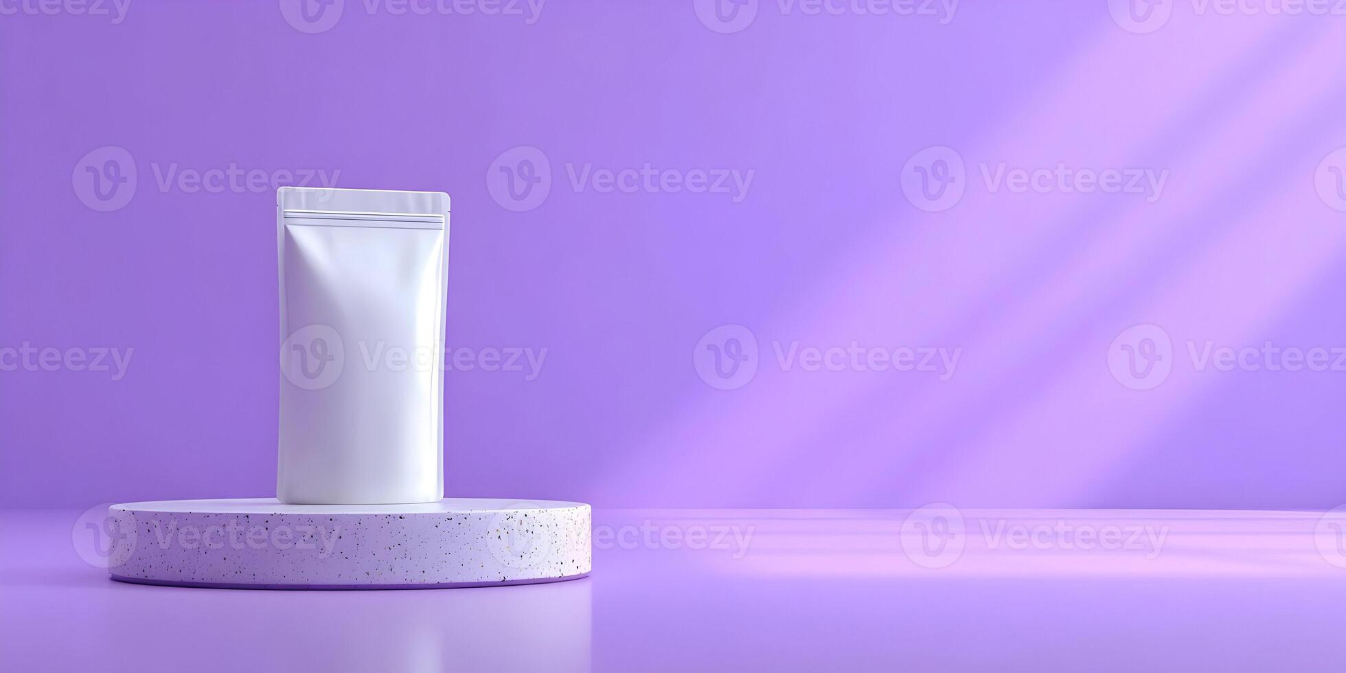 White StandUp Pouch on Purple Terrazzo Podium Product Display Mockup photo