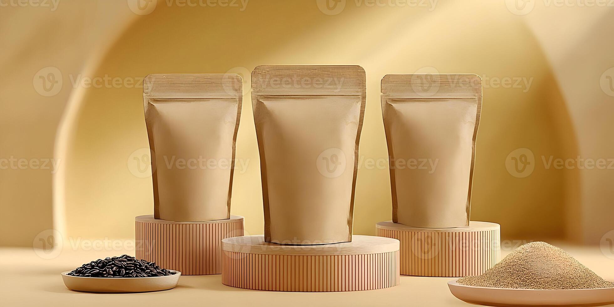 Three Kraft Paper Pouches on Wooden Platforms Coffee Beans and Powder Mockup photo