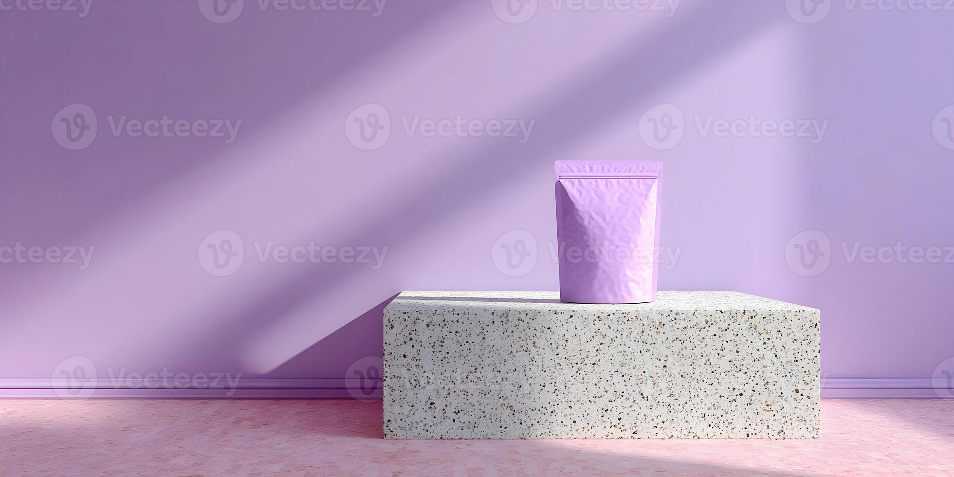 Purple Stand Up Pouch on Terrazzo Block Minimal Product Display Mockup photo
